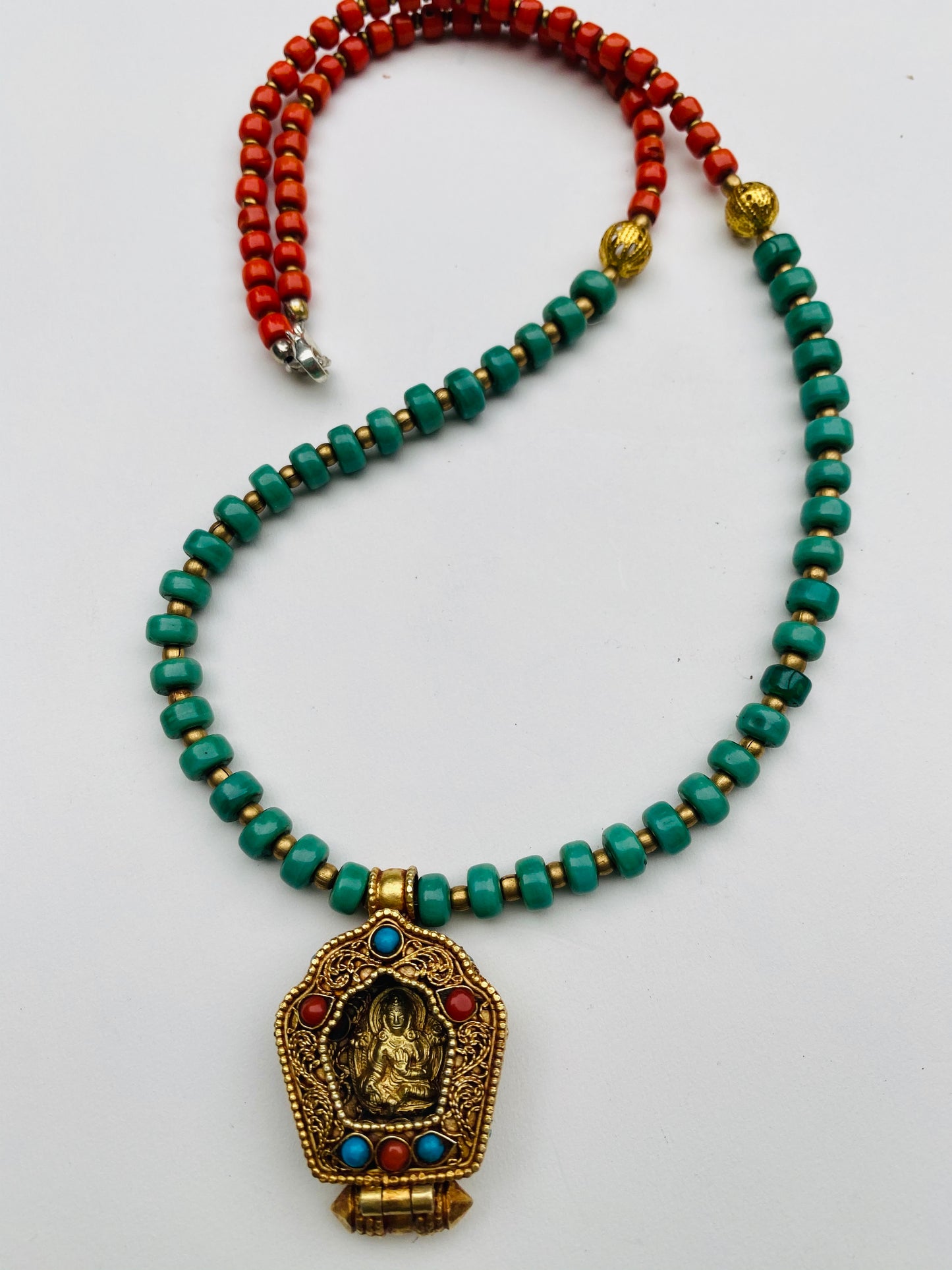Tibetan Buddhist Gau Box Pendant Buddha or Green Tara on Turquoise and Coral necklace