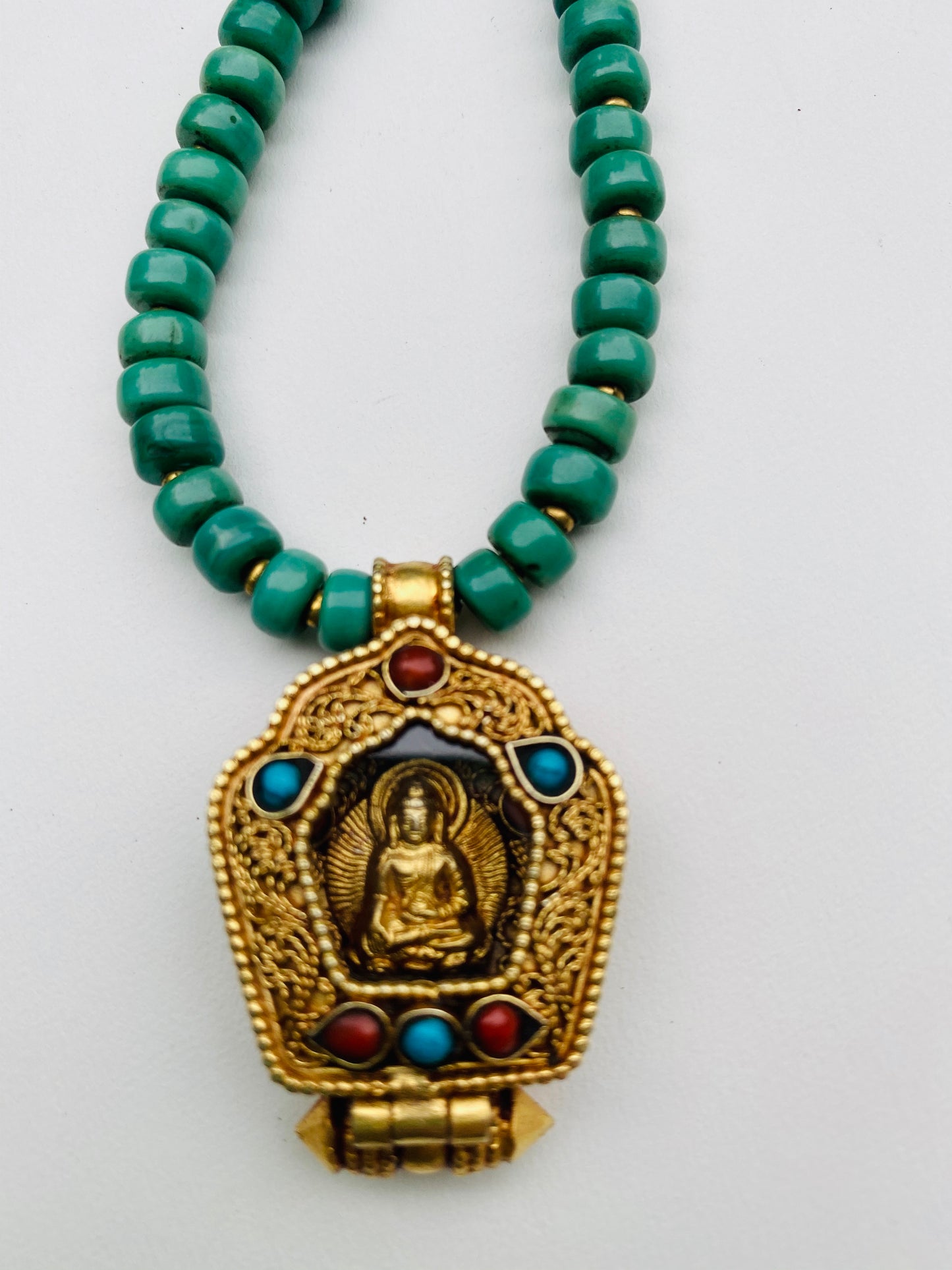 Tibetan Buddhist Gau Box Pendant Buddha or Green Tara on Turquoise and Coral necklace