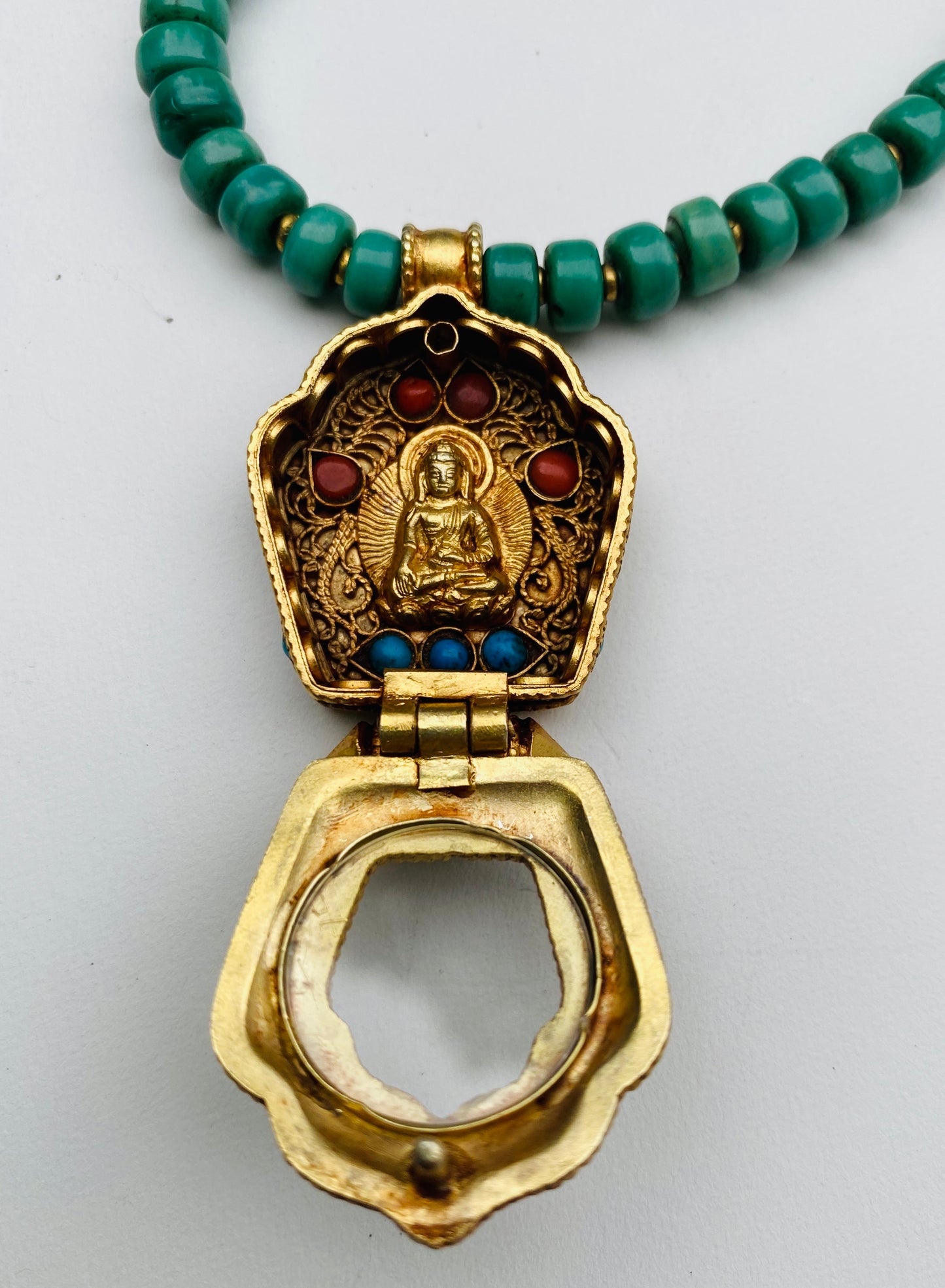 Tibetan Buddhist Gau Box Pendant Buddha or Green Tara on Turquoise and Coral necklace