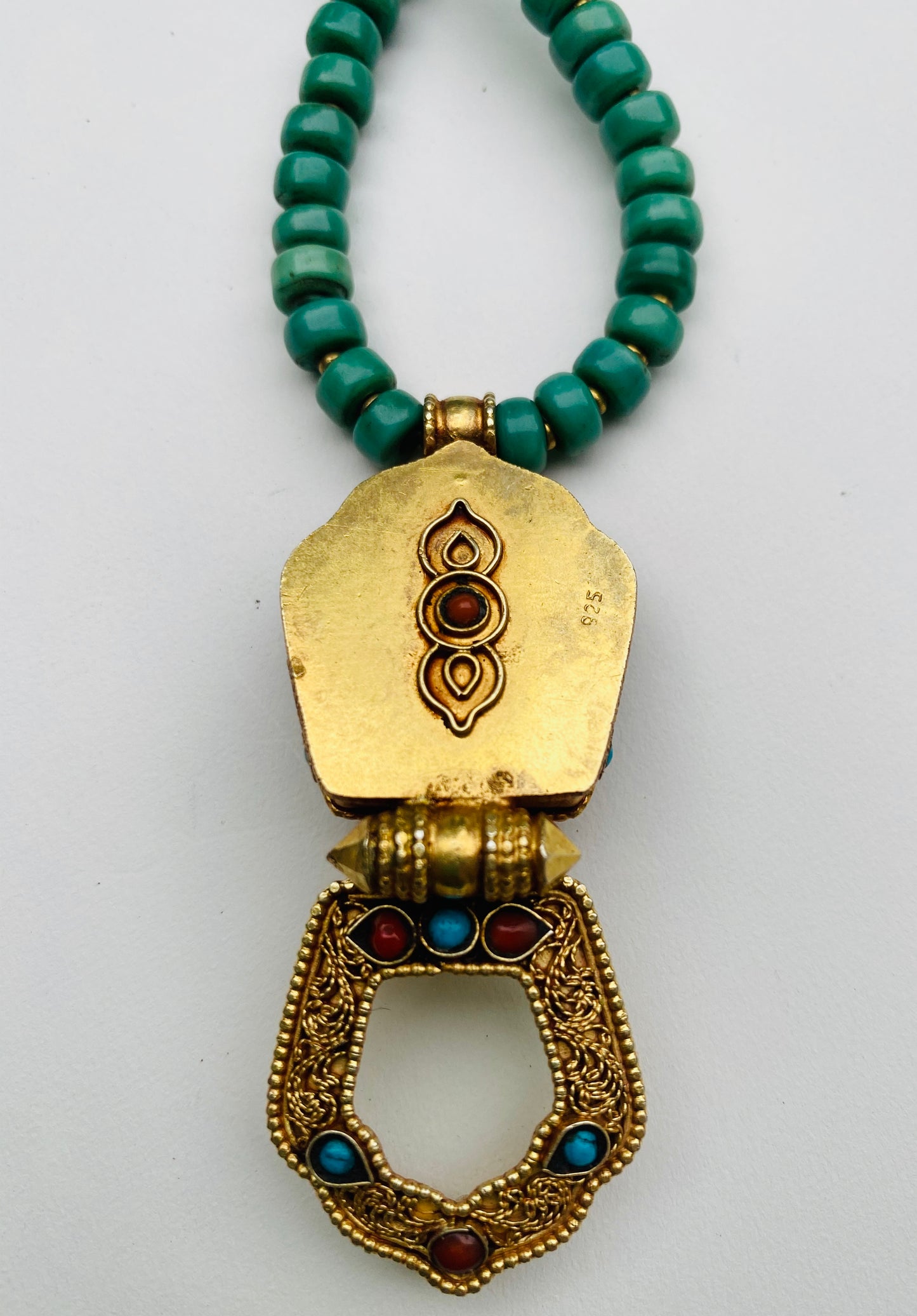 Tibetan Buddhist Gau Box Pendant Buddha or Green Tara on Turquoise and Coral necklace
