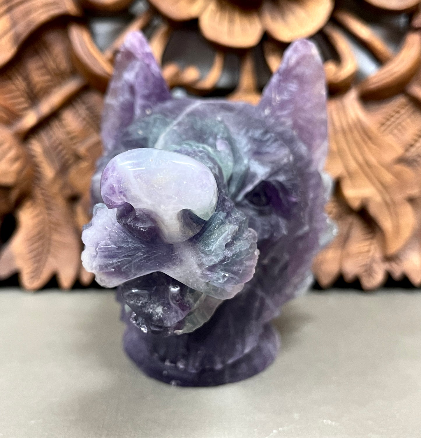Carved Rainbow Fluorite Wolf