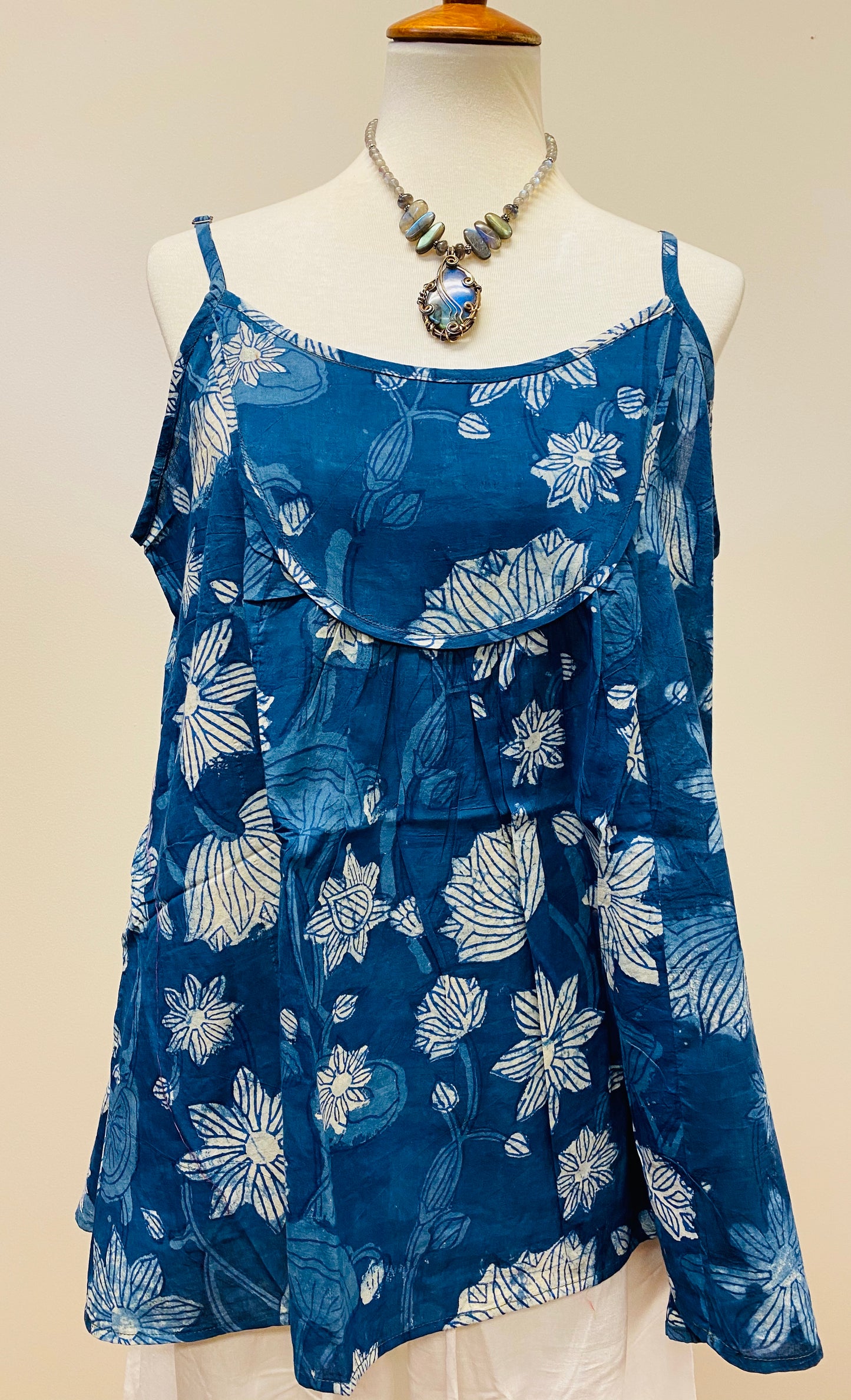 Hand Block Print Indigo Cotton Tank Top with pleated detail on top - 4 Patterns Available