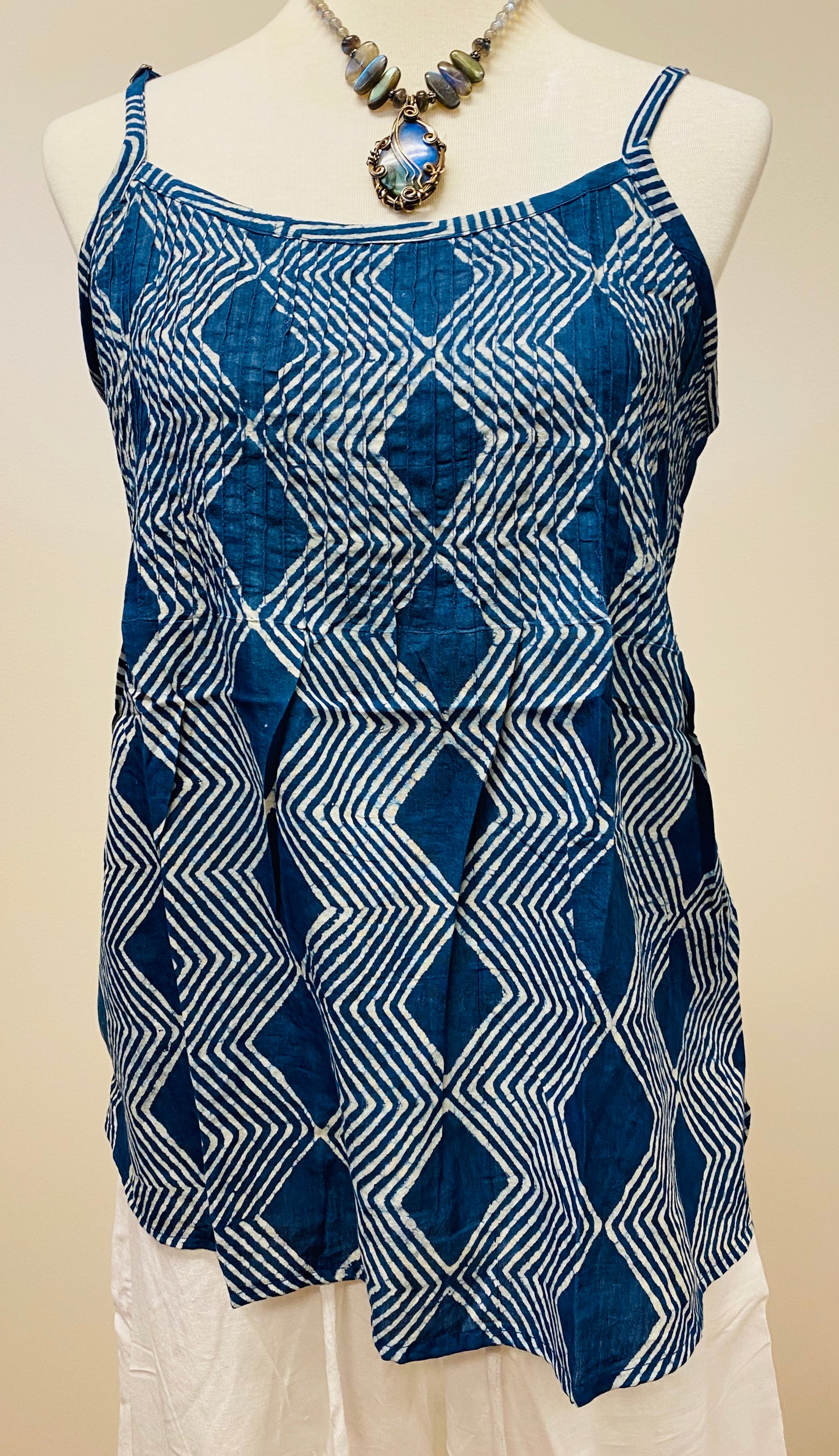 Hand Block Print Indigo Cotton Tank Top with pleated detail on top - 4 Patterns Available