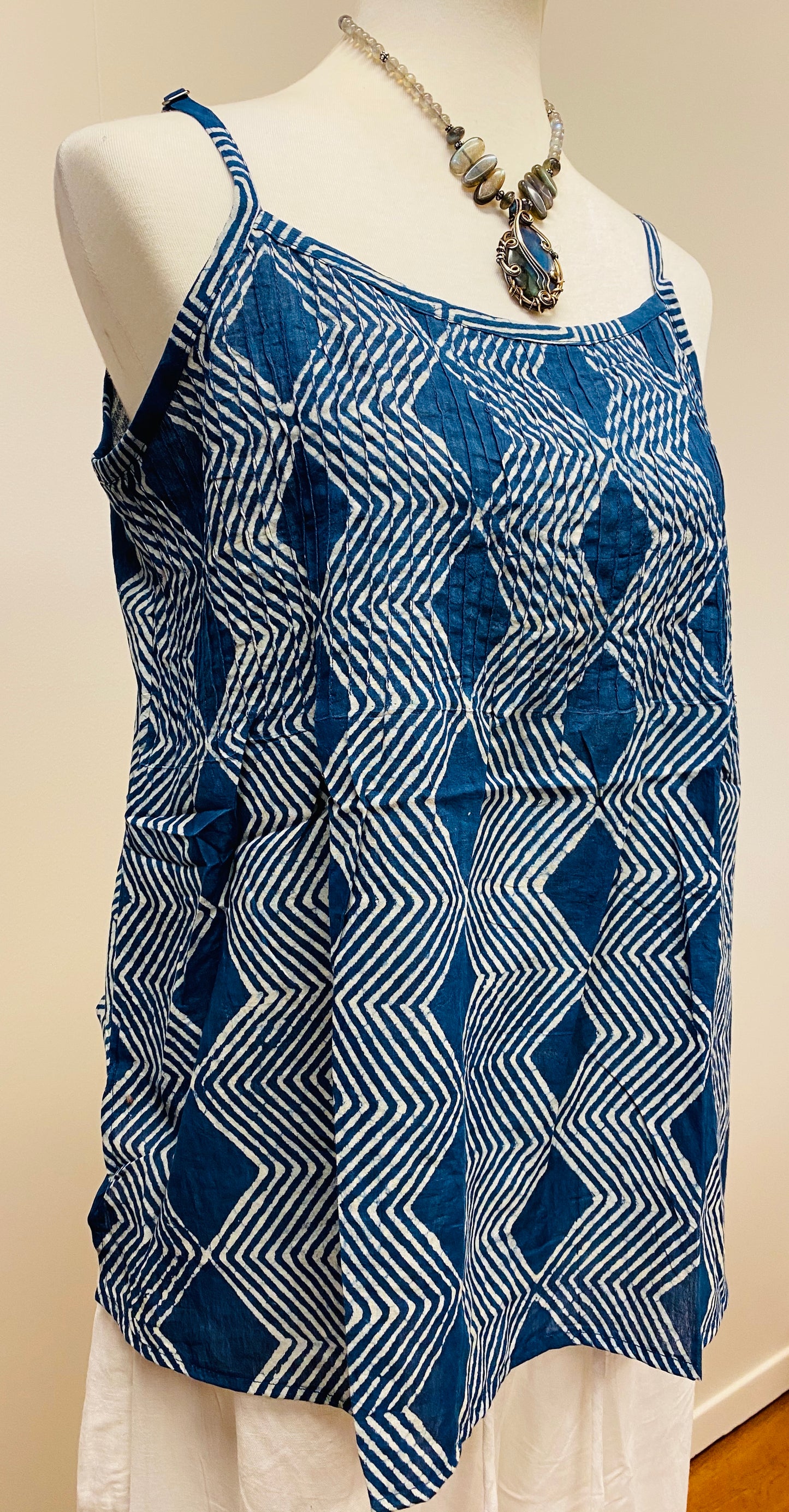 Hand Block Print Indigo Cotton Tank Top with pleated detail on top - 4 Patterns Available