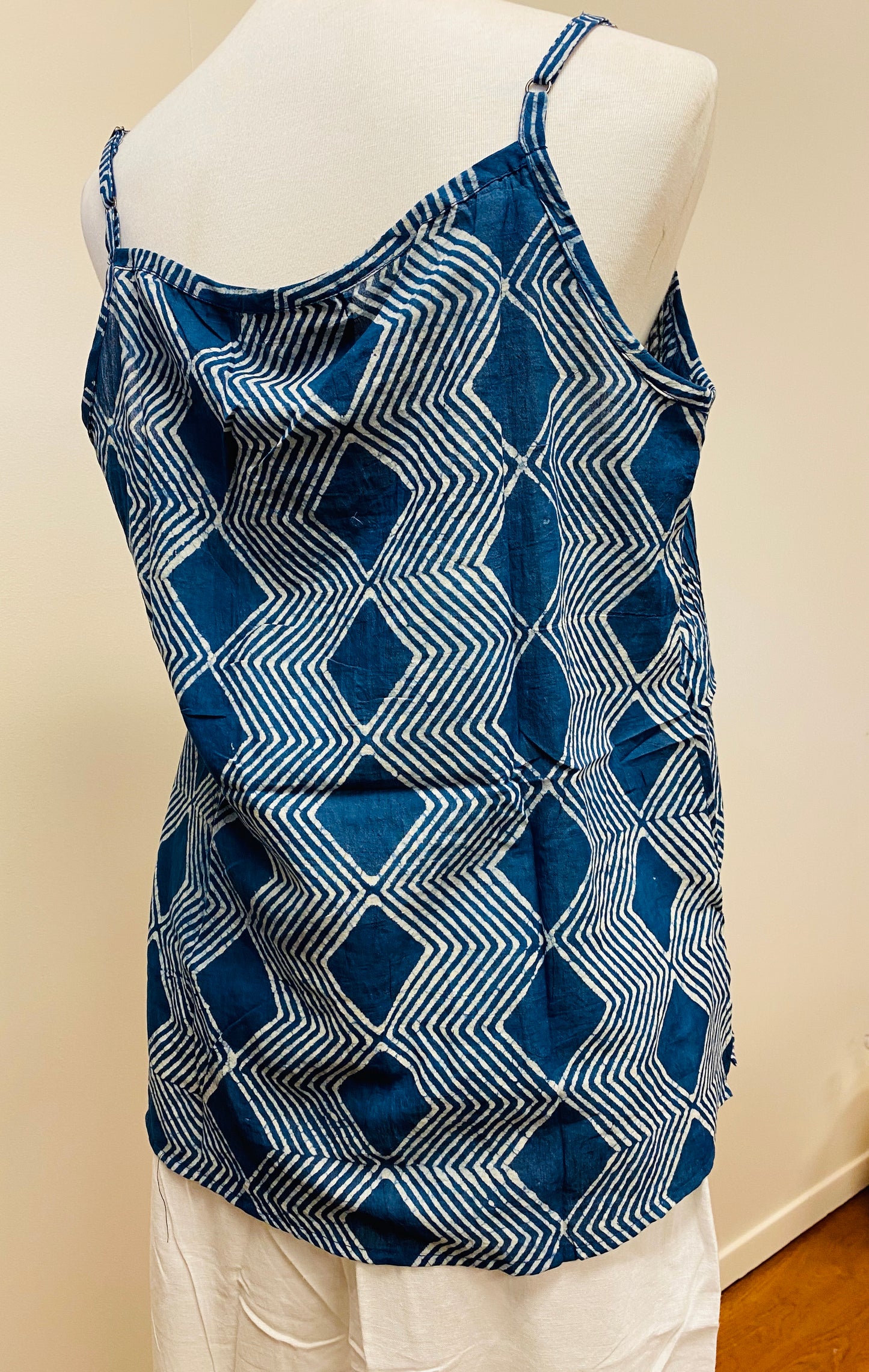 Hand Block Print Indigo Cotton Tank Top with pleated detail on top - 4 Patterns Available