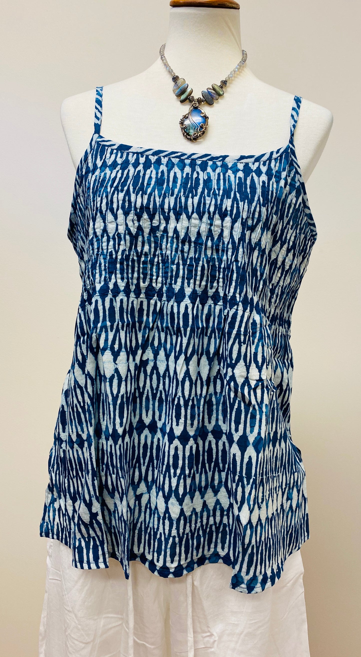 Hand Block Print Indigo Cotton Tank Top with pleated detail on top - 4 Patterns Available