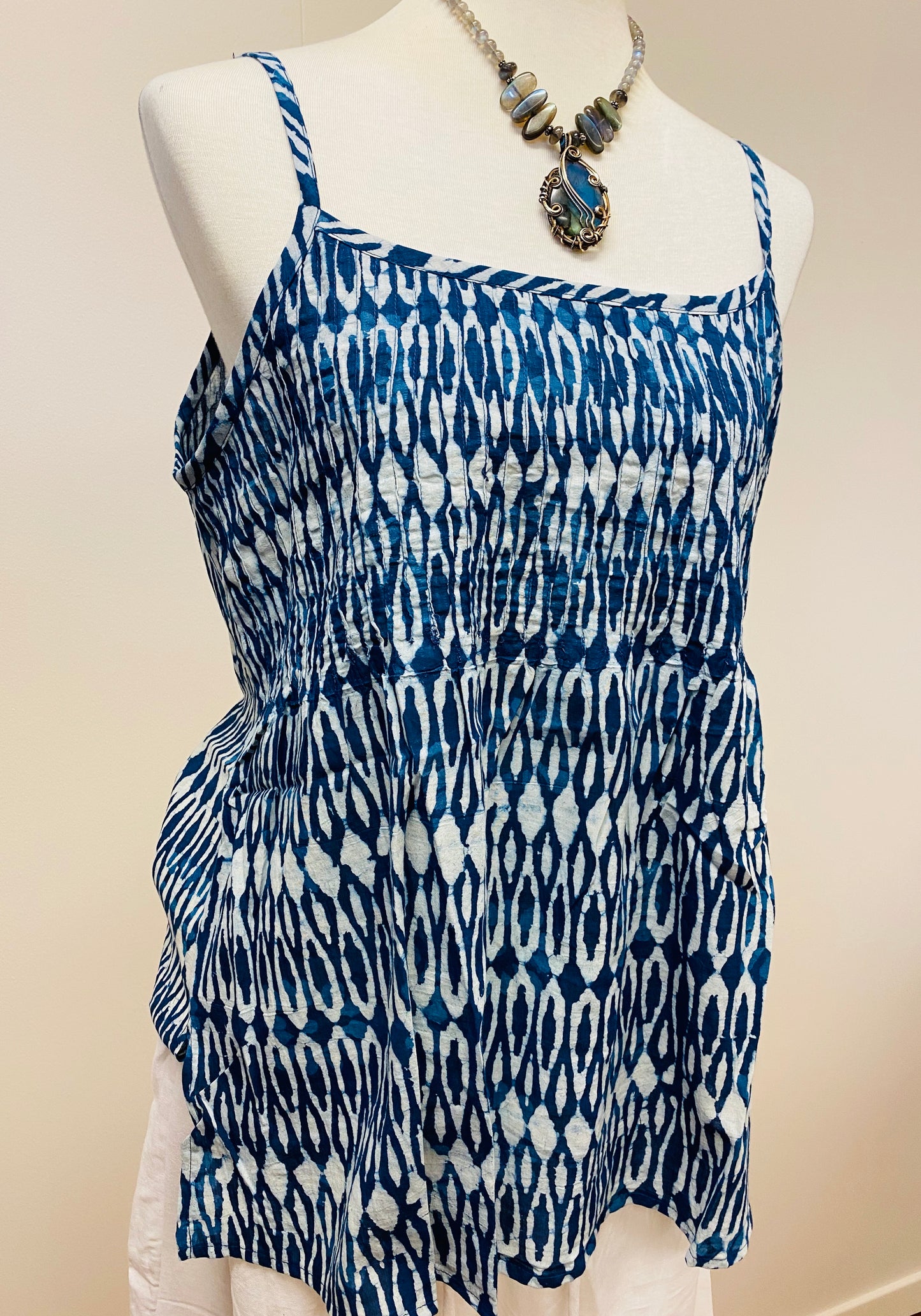 Hand Block Print Indigo Cotton Tank Top with pleated detail on top - 4 Patterns Available
