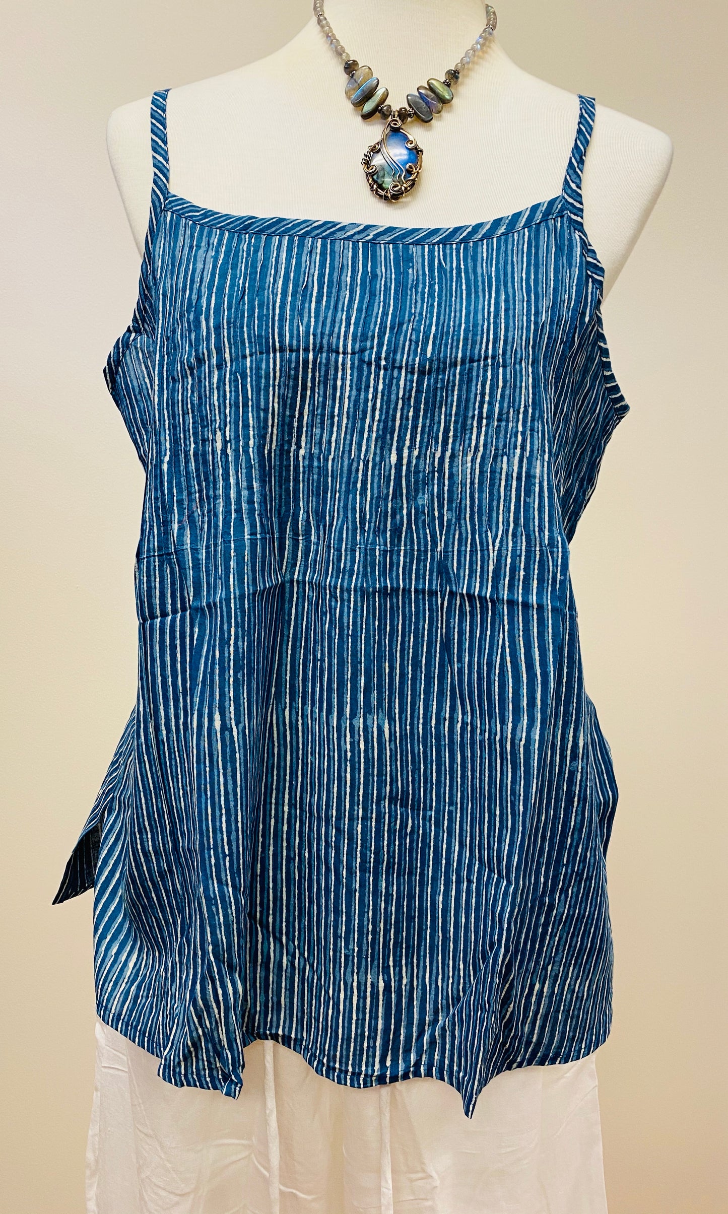 Hand Block Print Indigo Cotton Tank Top with pleated detail on top - 4 Patterns Available