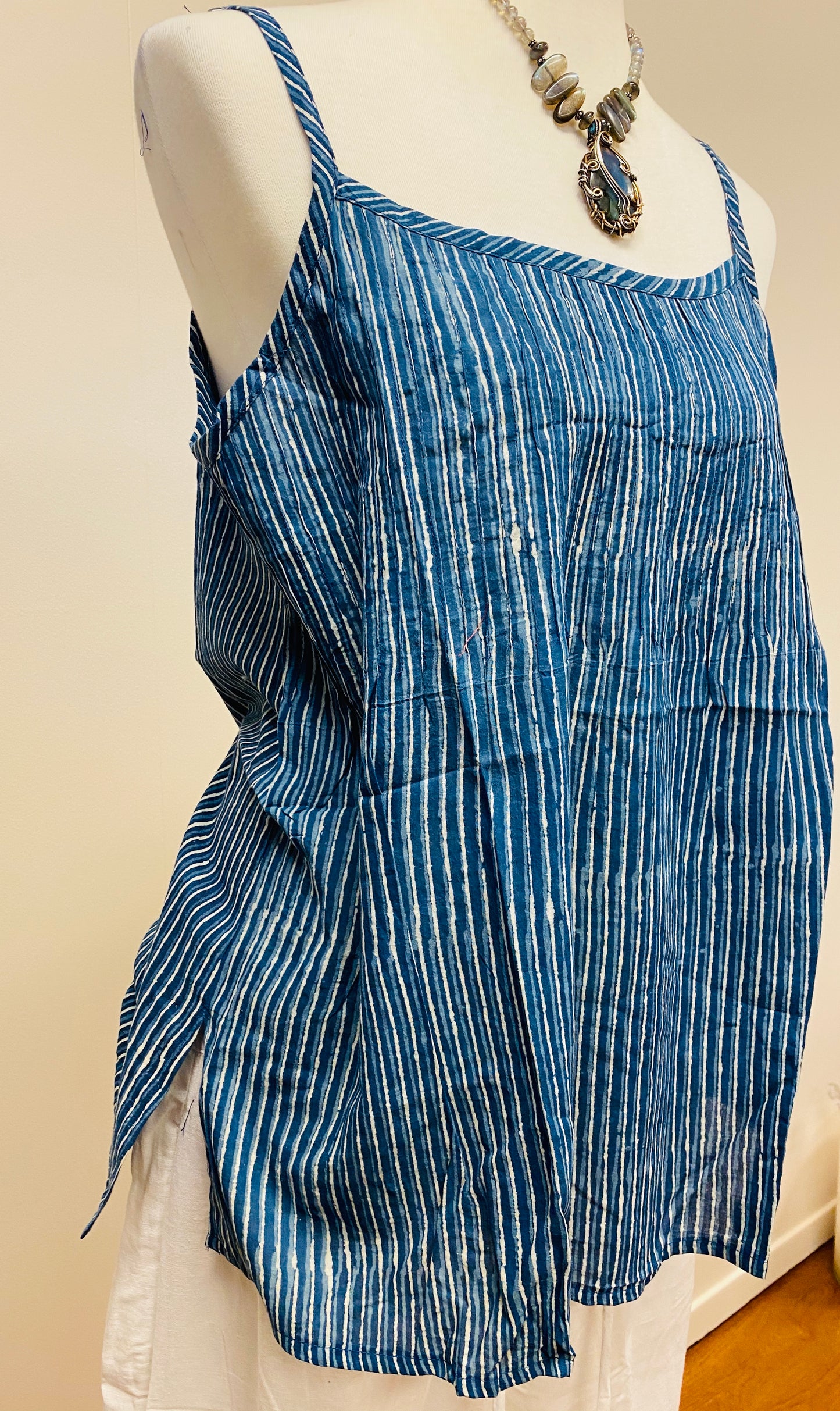 Hand Block Print Indigo Cotton Tank Top with pleated detail on top - 4 Patterns Available