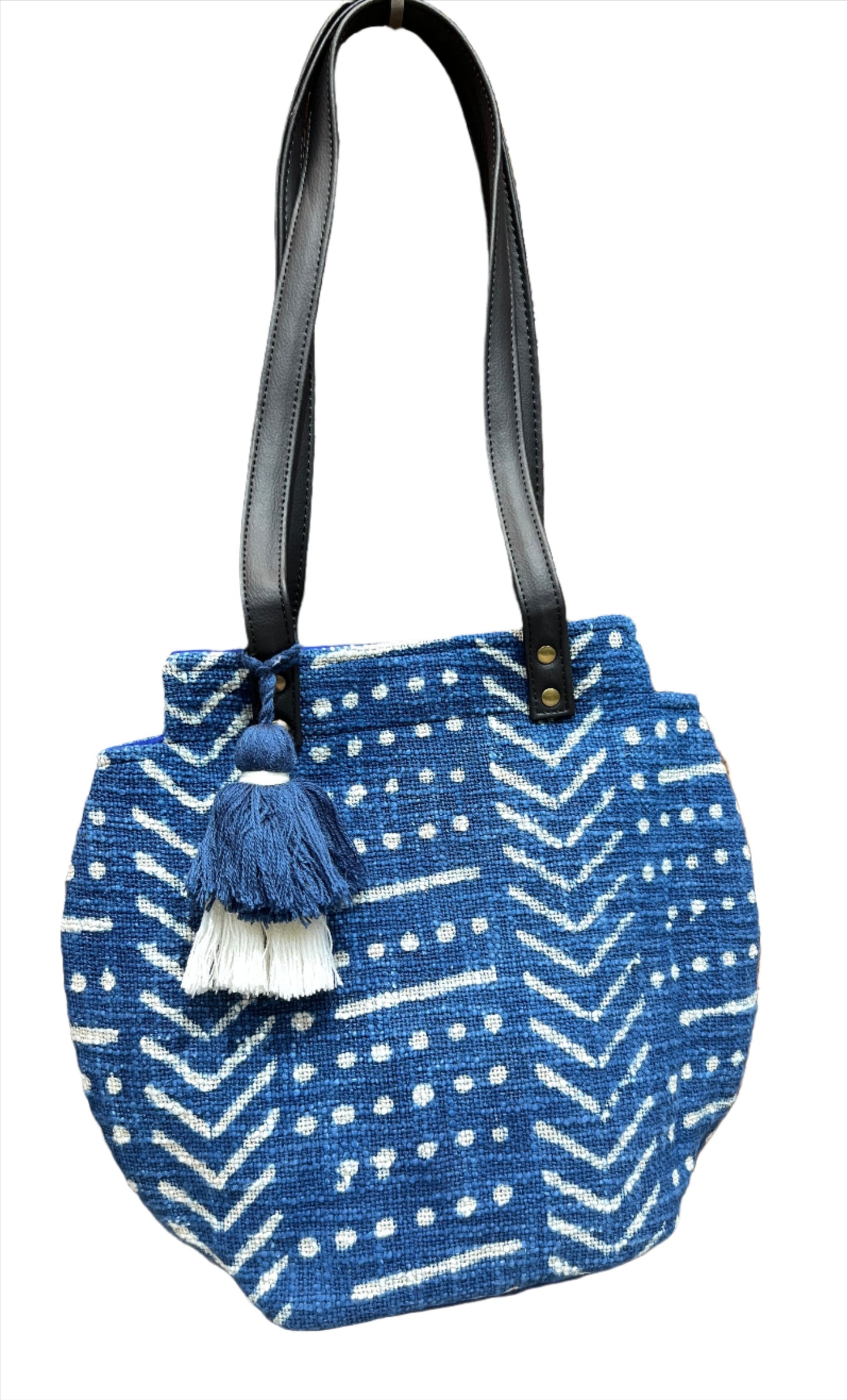 Natural Indigo Block Print Tassel Bag