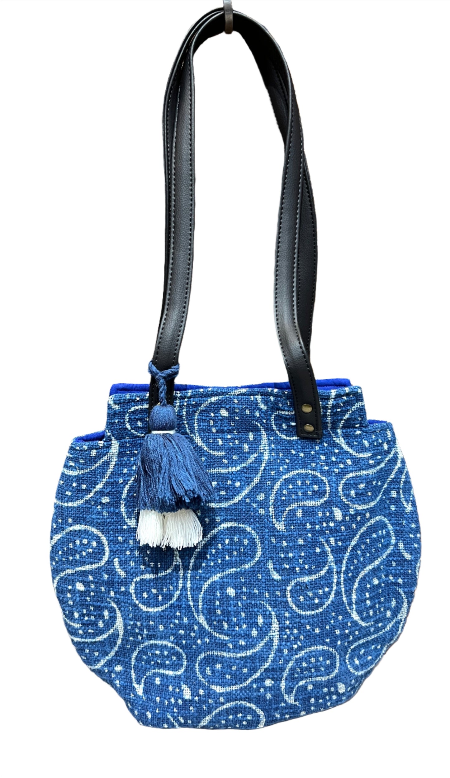 Natural Indigo Block Print Tassel Bag