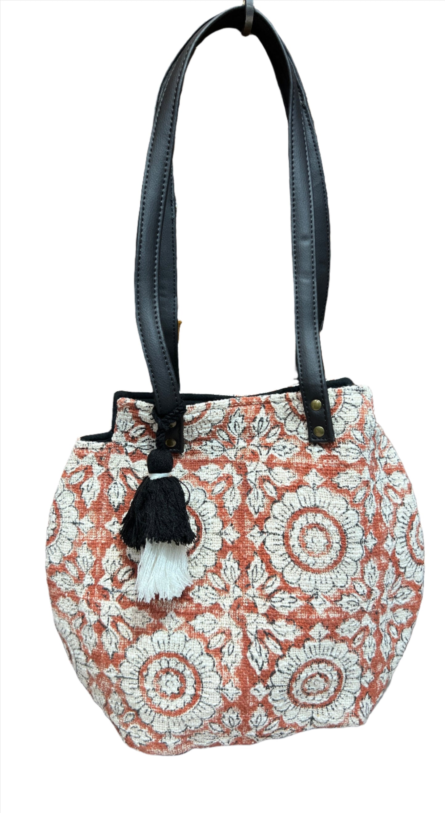 Flower Block Print Tassel Bag