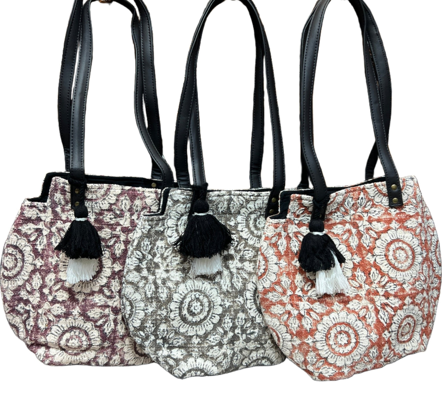 Flower Block Print Tassel Bag