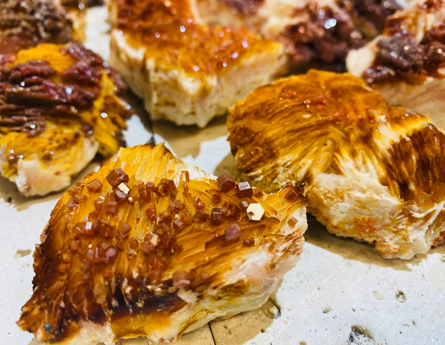 Striking Rare Vanadinite growing on Barite Specimens