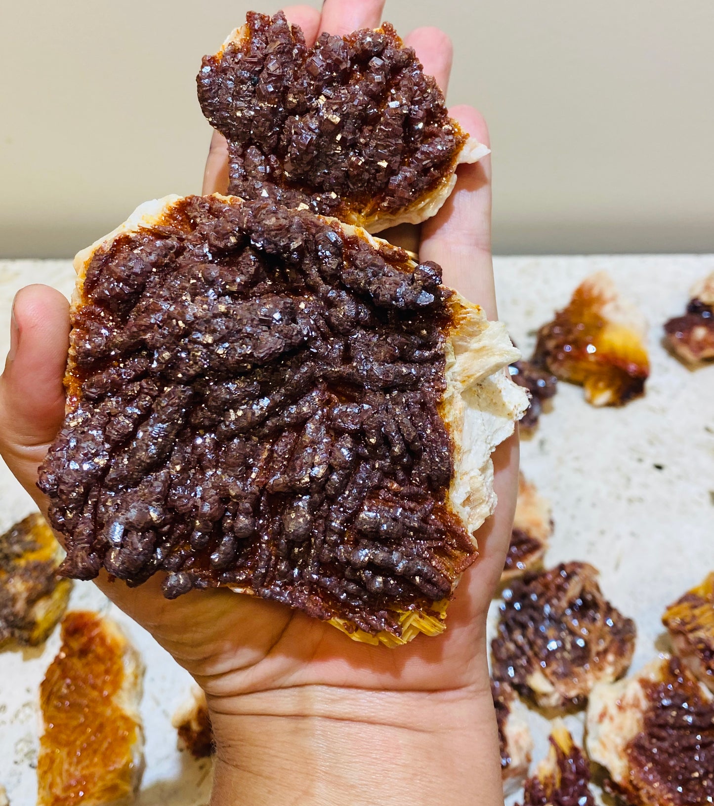 Striking Rare Vanadinite growing on Barite Specimens