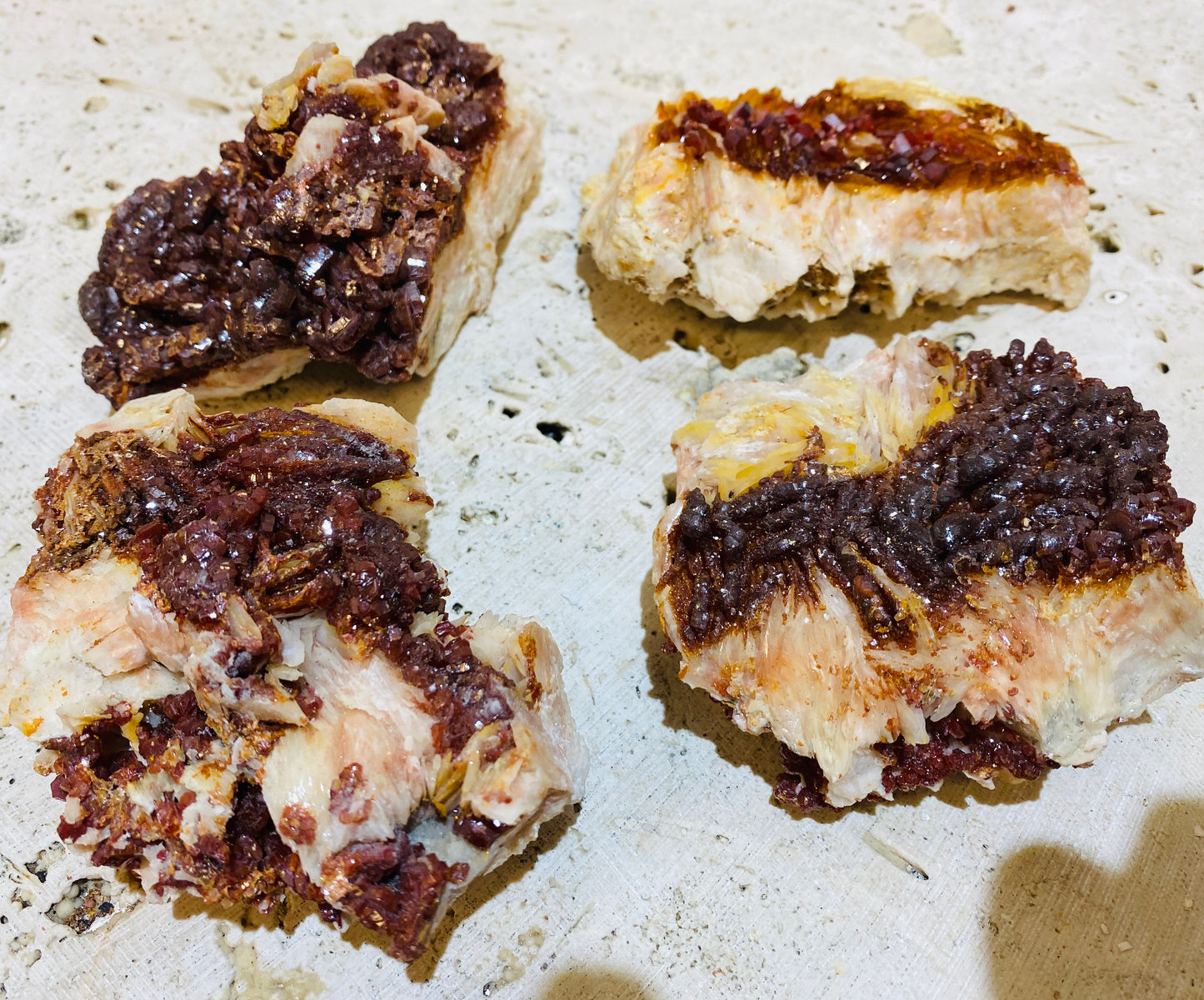 Striking Rare Vanadinite growing on Barite Specimens