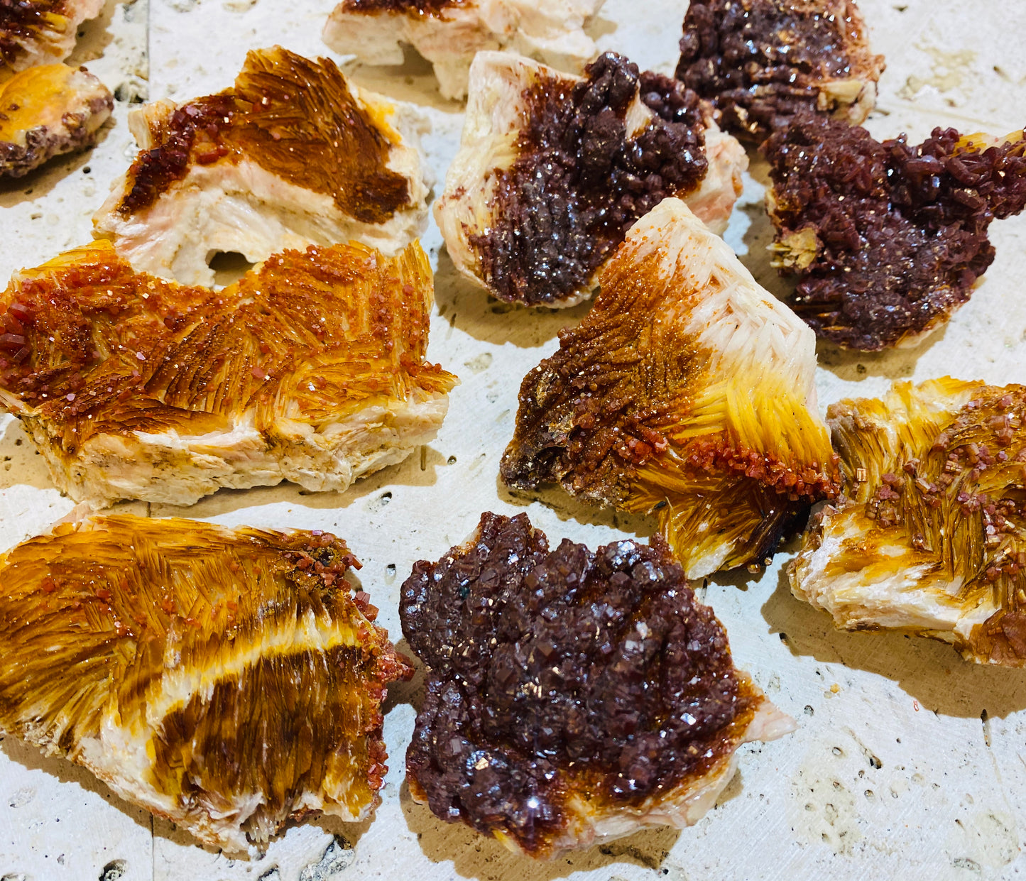Striking Rare Vanadinite growing on Barite Specimens