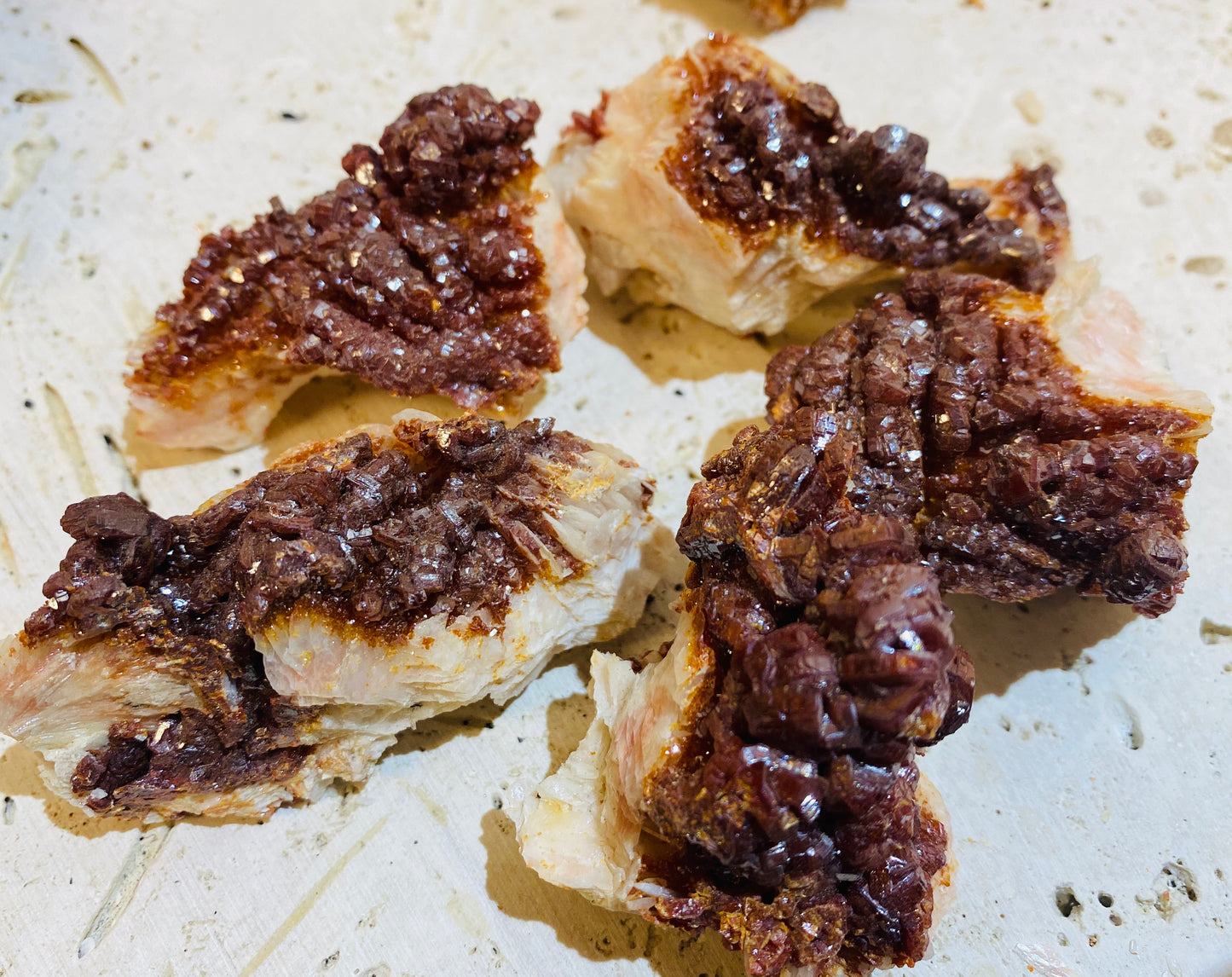 Striking Rare Vanadinite growing on Barite Specimens