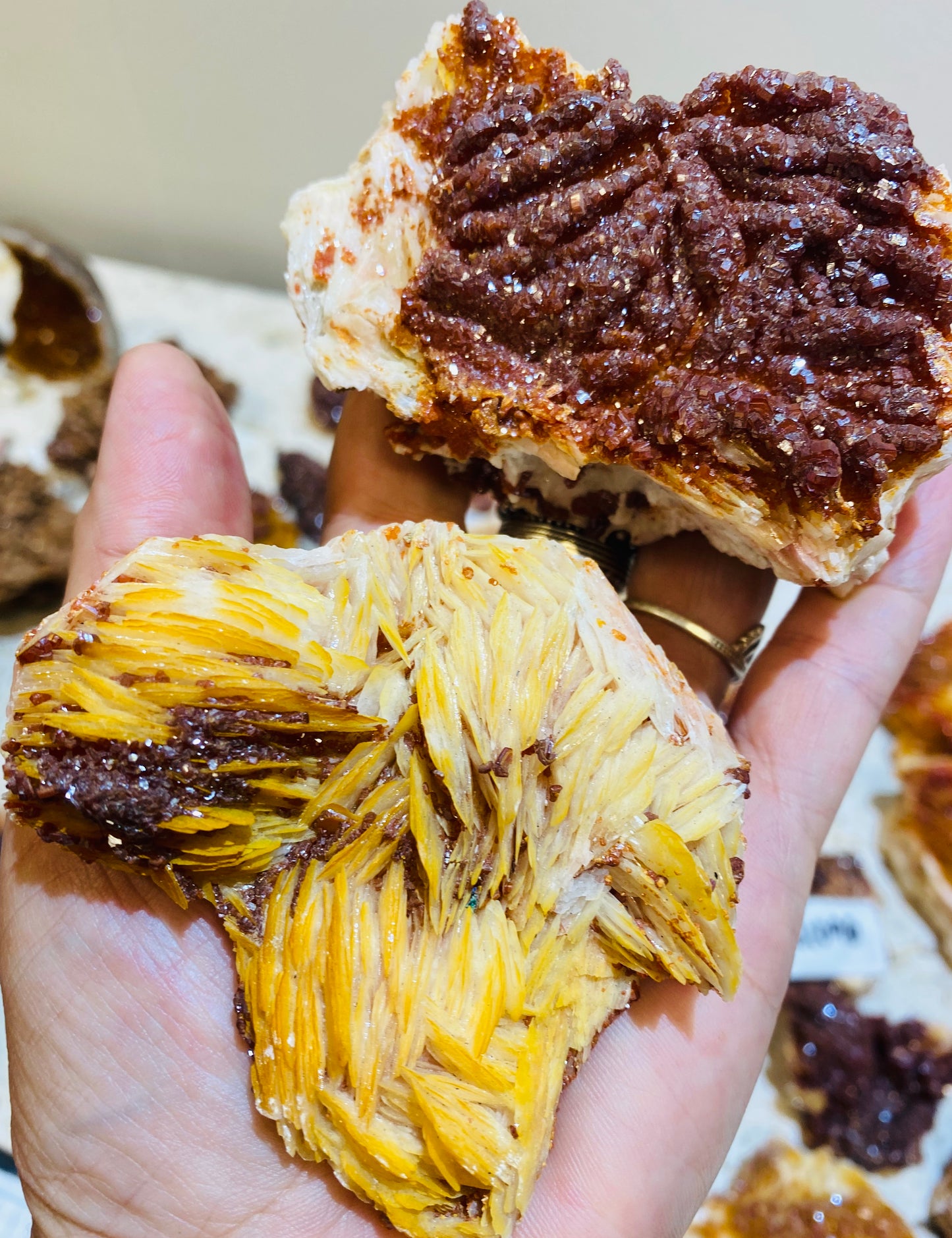 Striking Rare Vanadinite growing on Barite Specimens