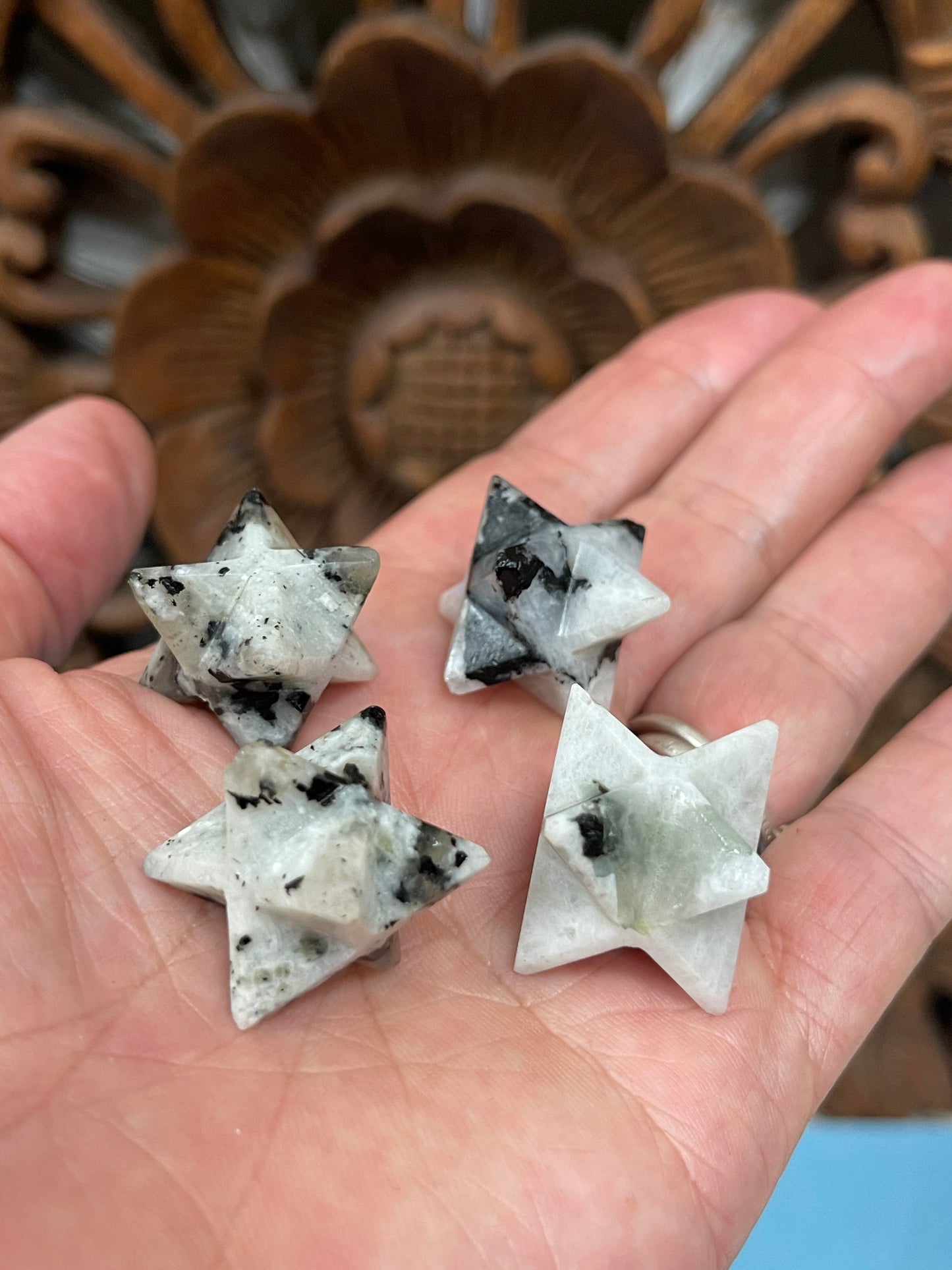 Natural Rainbow Moonstone Carved Merkaba Stones