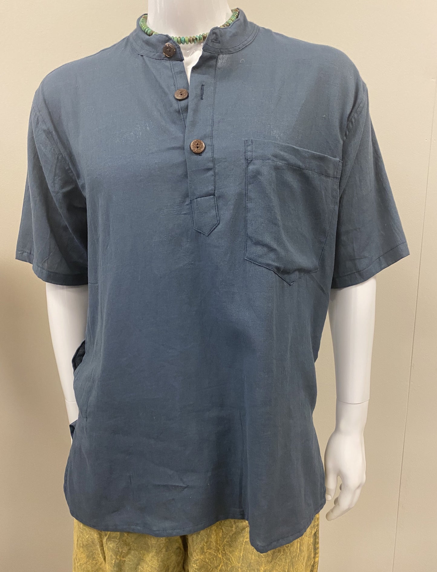 Mens 100% Hemp No Collar Short sleeve Shirts 3 button