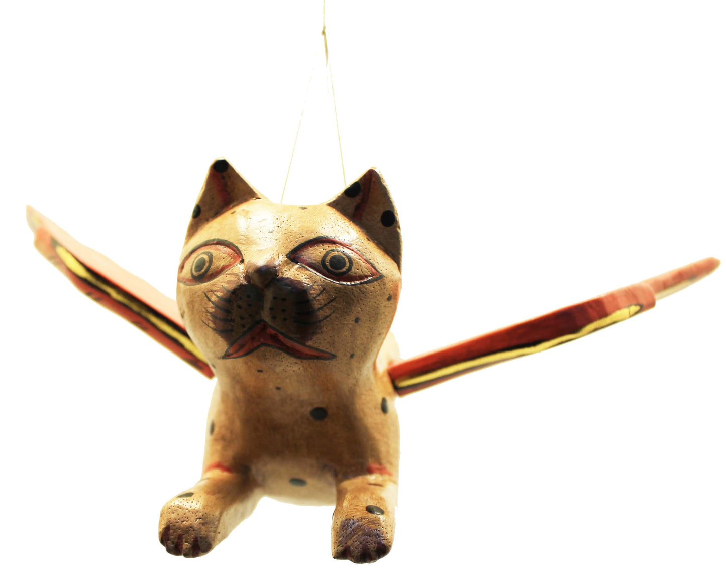 Hand Carved Flying Kitty spirit chaser Tan & Black Polka Dot