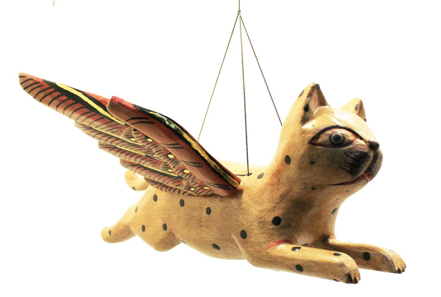 Hand Carved Flying Kitty spirit chaser Tan & Black Polka Dot