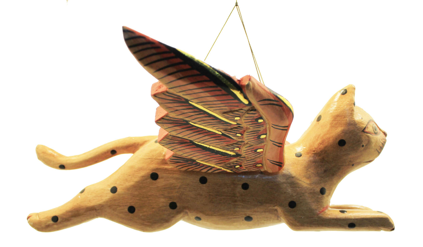 Hand Carved Flying Kitty spirit chaser Tan & Black Polka Dot