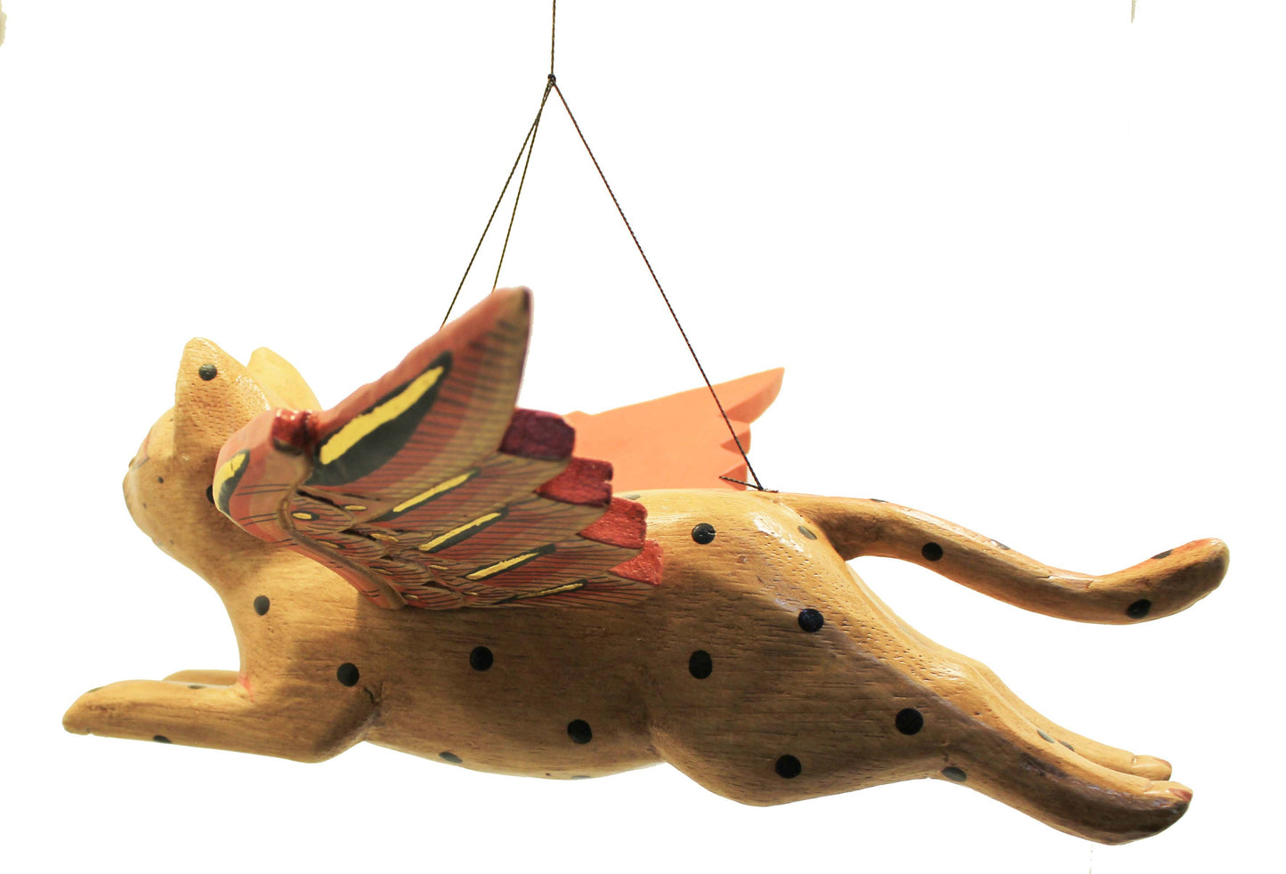 Hand Carved Flying Kitty spirit chaser Tan & Black Polka Dot