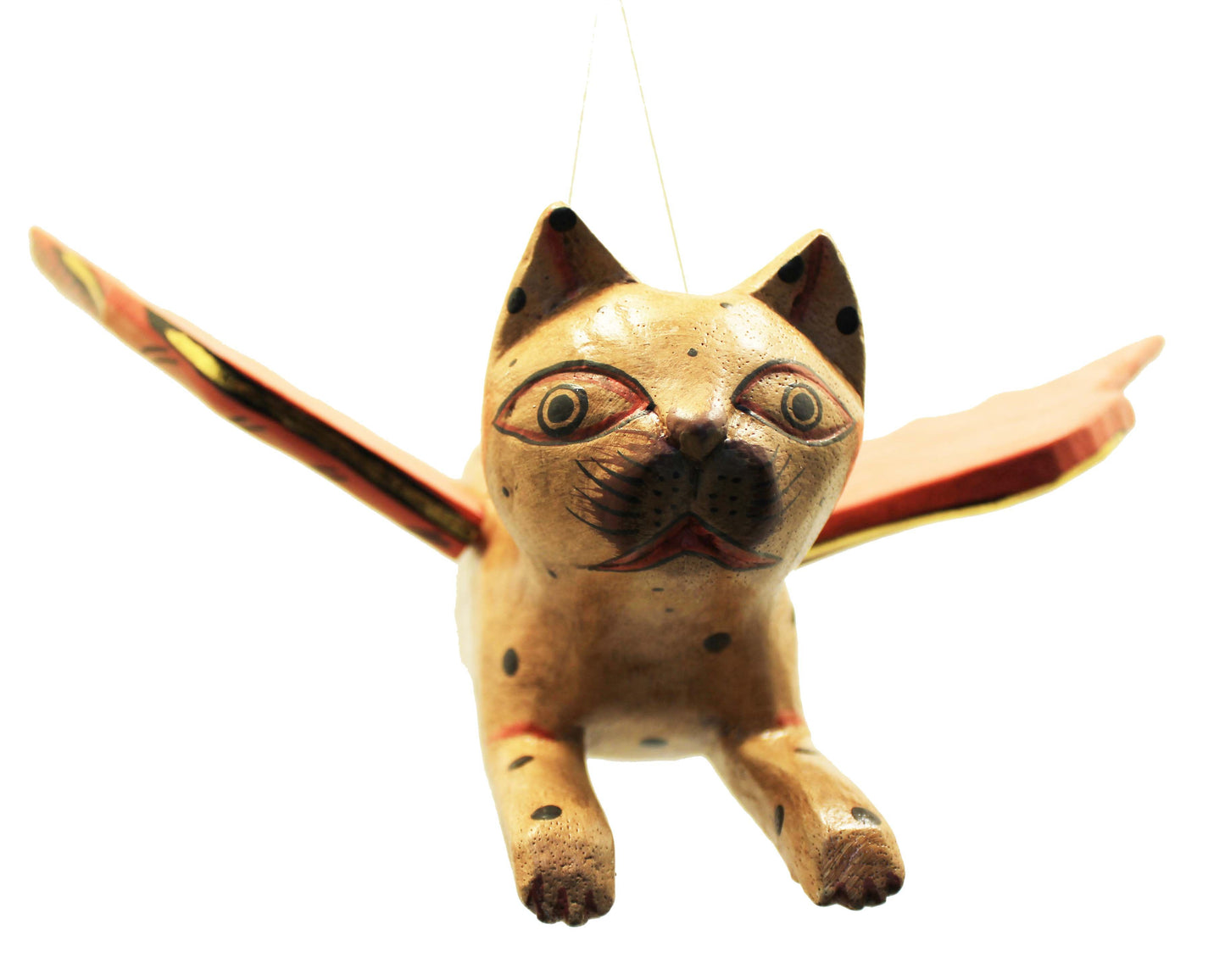 Hand Carved Flying Kitty spirit chaser Tan & Black Polka Dot