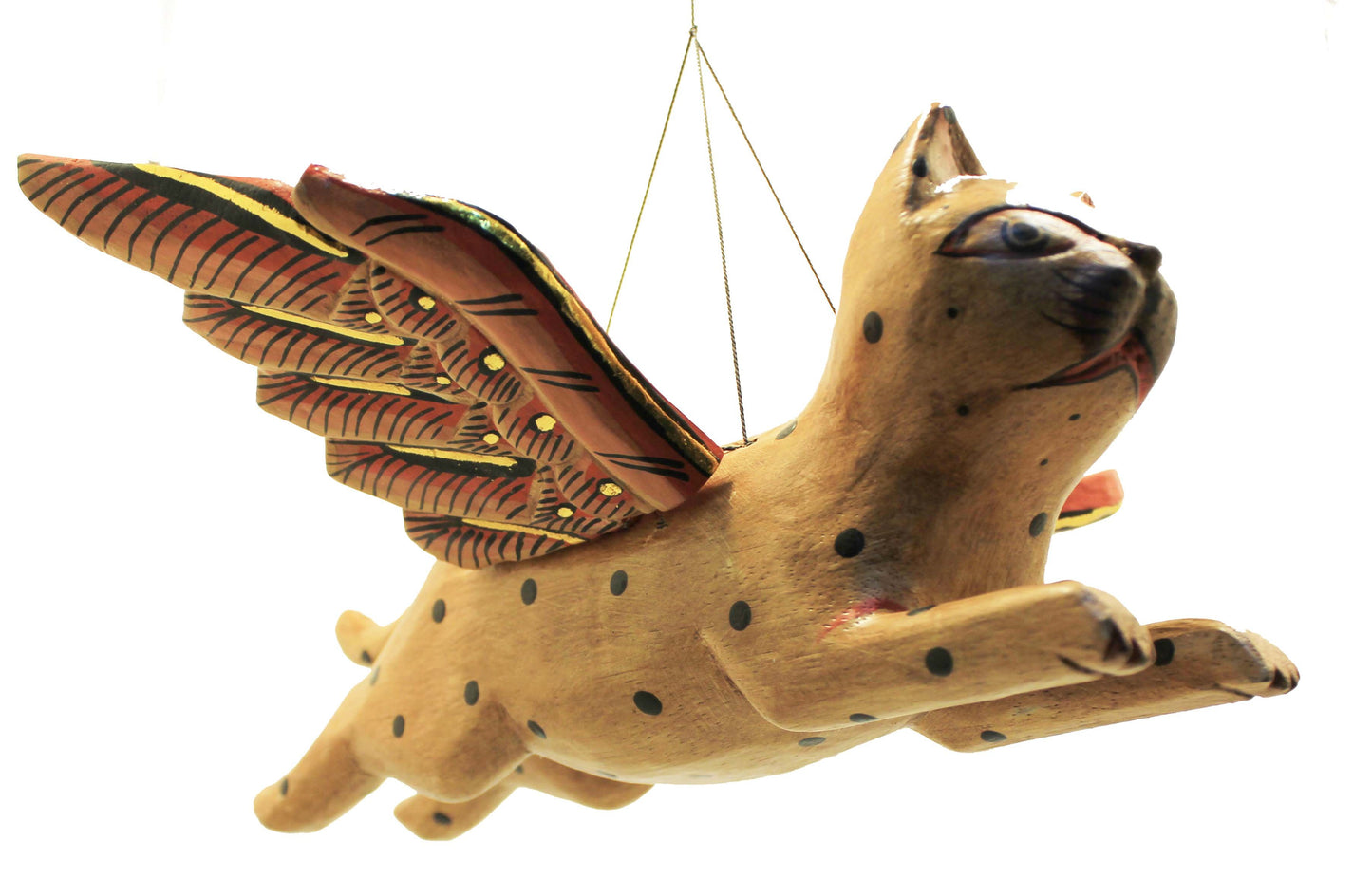 Hand Carved Flying Kitty spirit chaser Tan & Black Polka Dot