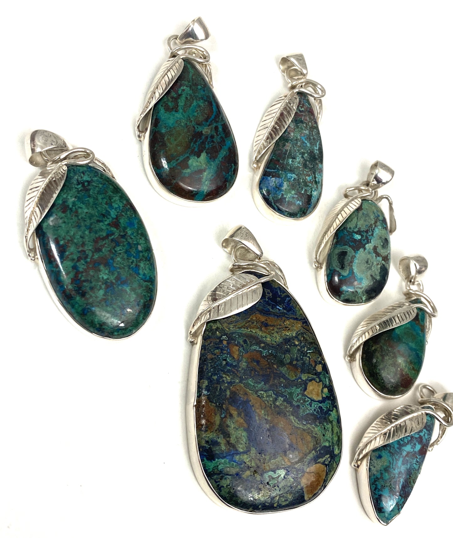 Sterling Silver Chrysocolla and Azurite/Malachite Leaf Pendants