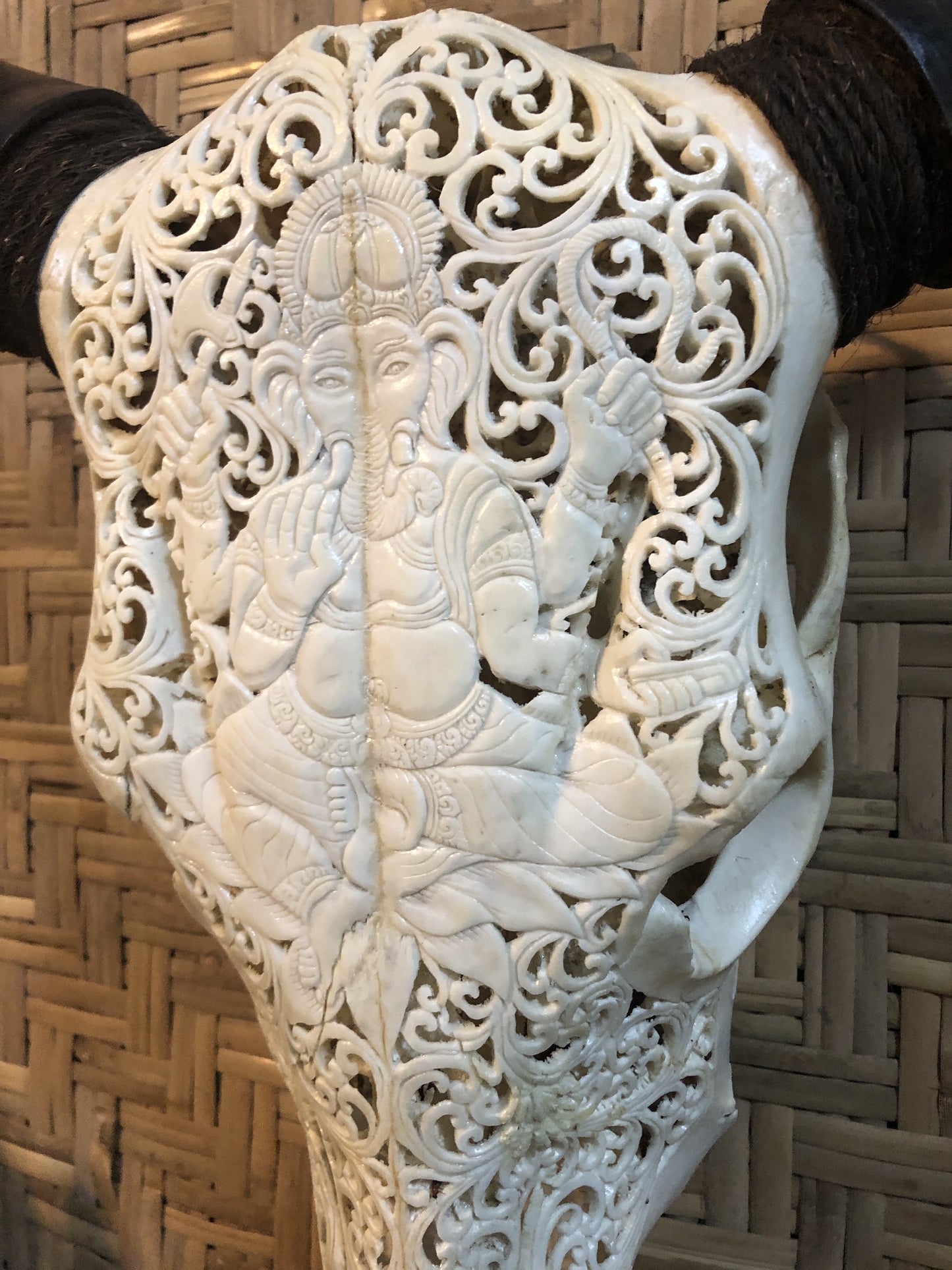 Intricately Carved Cow Skulls with Ganesh