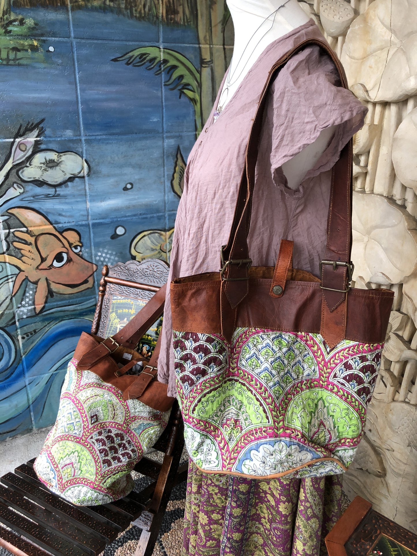 Camel Leather & Hand stitch Kantha fabric bucket bag - 2 Sizes Available