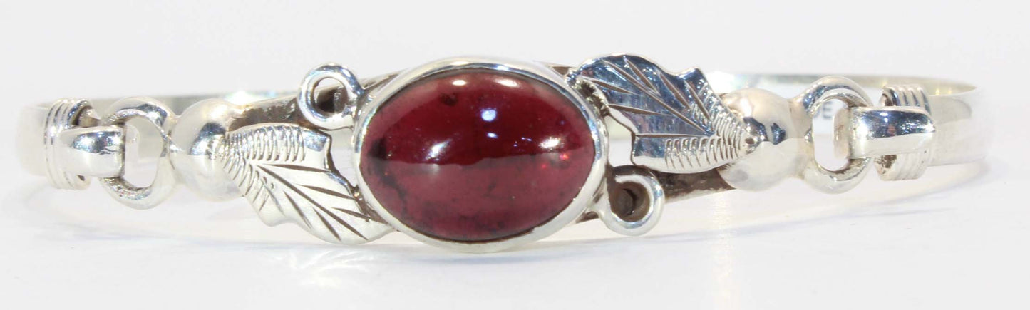 Sterling Silver Garnet Leaf and Vine Cuff Bracelet