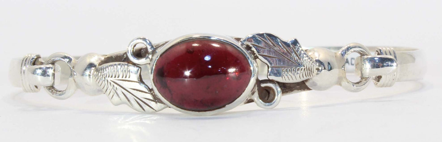 Sterling Silver Garnet Leaf and Vine Cuff Bracelet