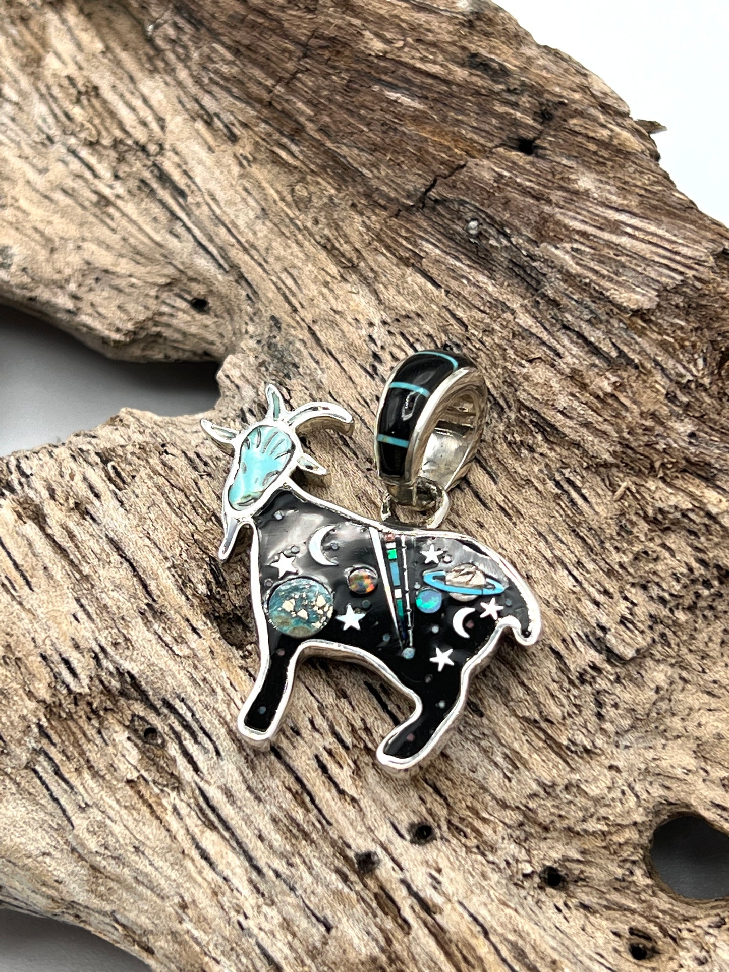 Rare Inlaid Gemstone Galaxy Goat Pendant by David Freeland