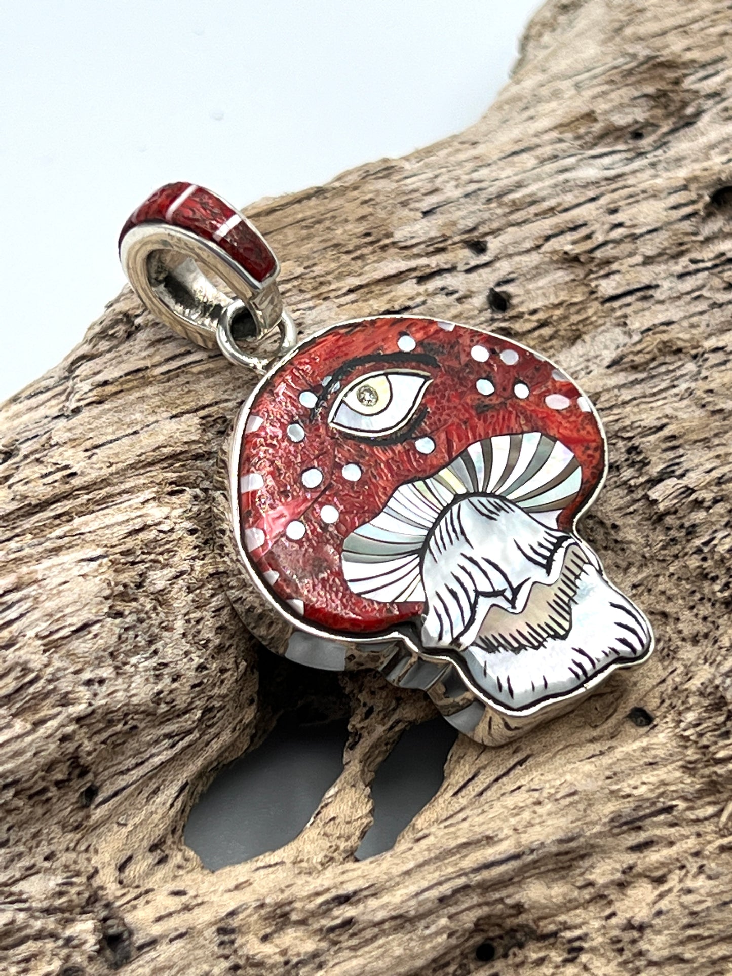 Rare Inlaid Gemstone Richard Biffle Mushroom Pendant by David Freeland