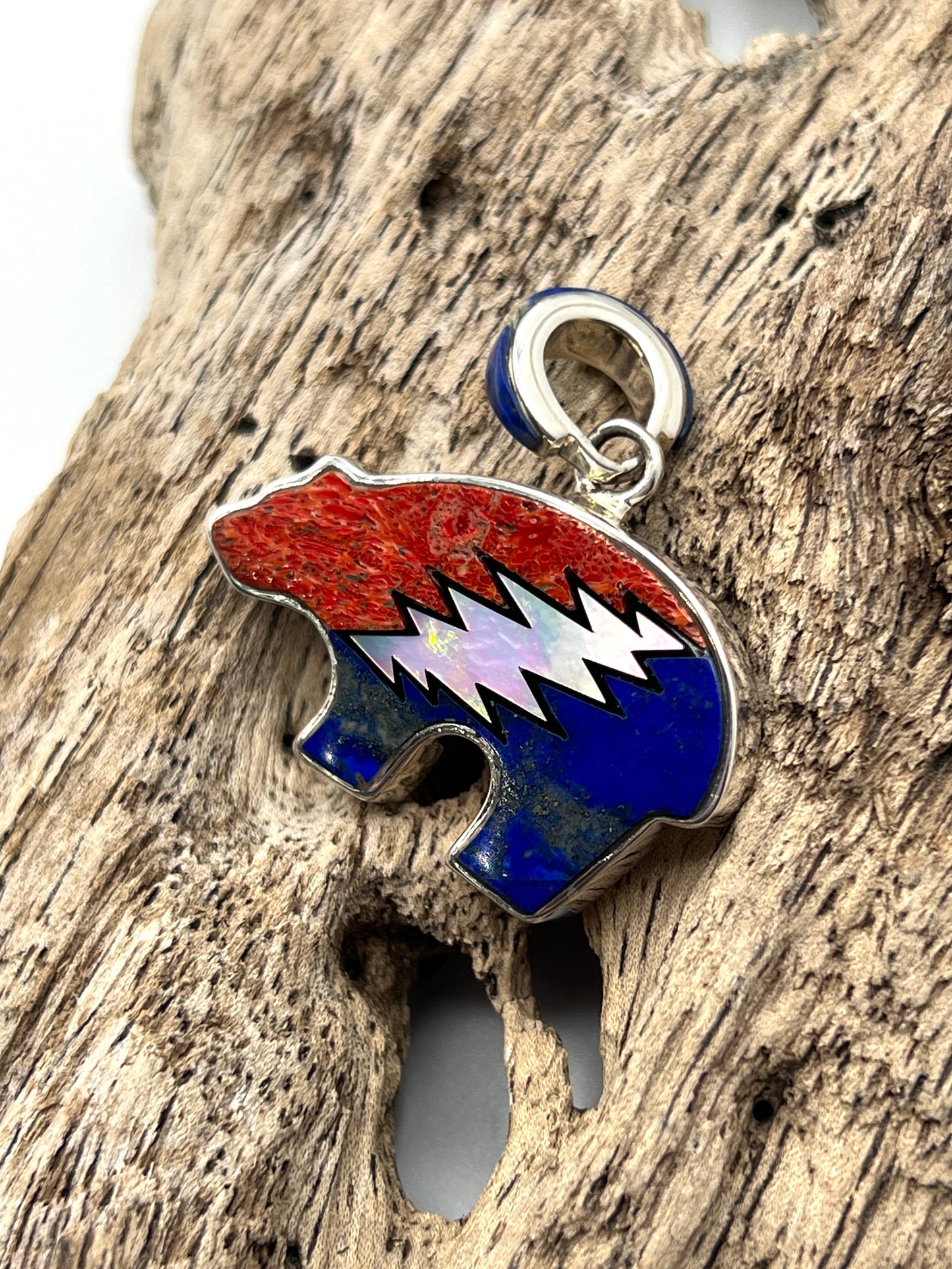 Rare Inlaid Gemstone Bolt Bear Pendant by David Freeland