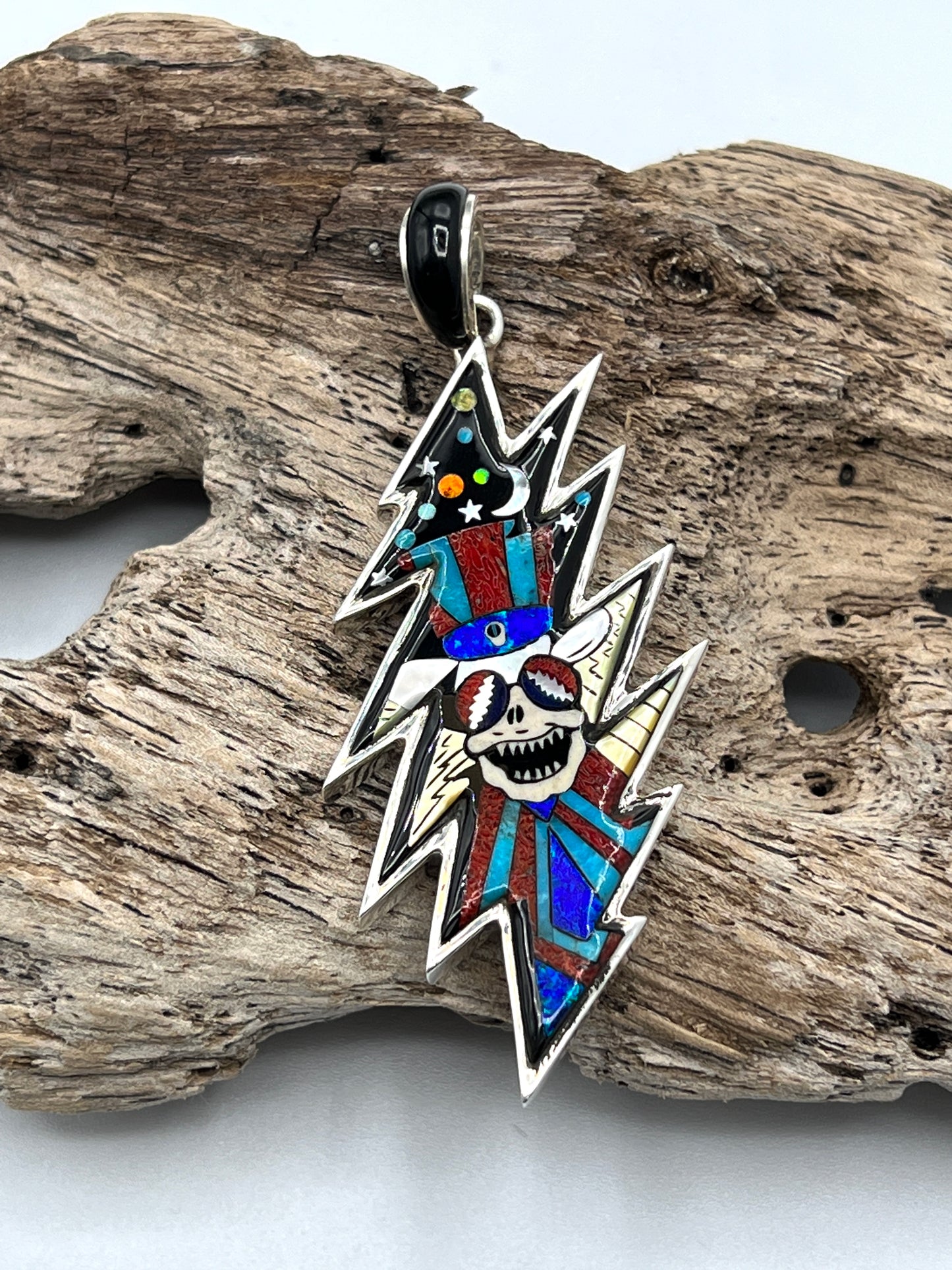 Rare Inlaid Gemstone Uncle Sam Bolt Pendant by David Freeland
