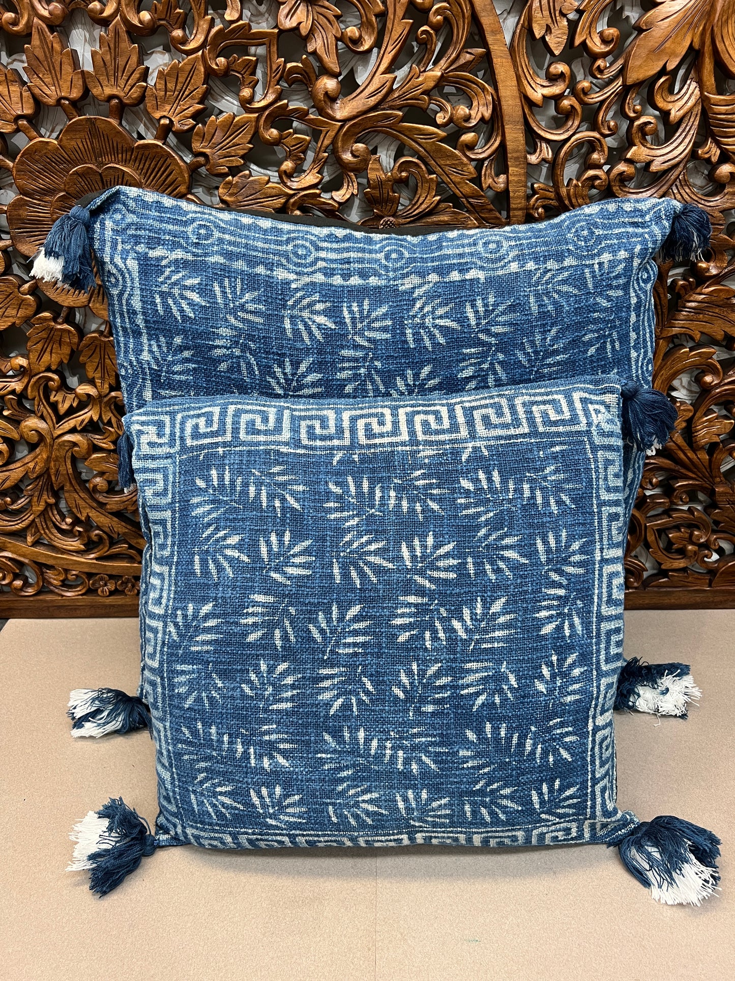 Natural Indigo Block Print Throw Pillows | Square
