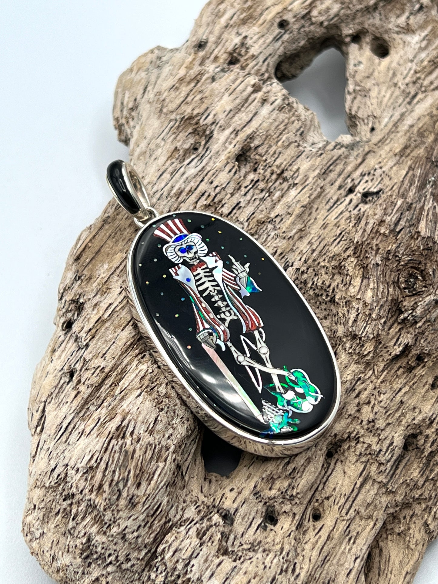 Rare Inlaid Gemstone Skeleton Sam Pendant by David Freeland