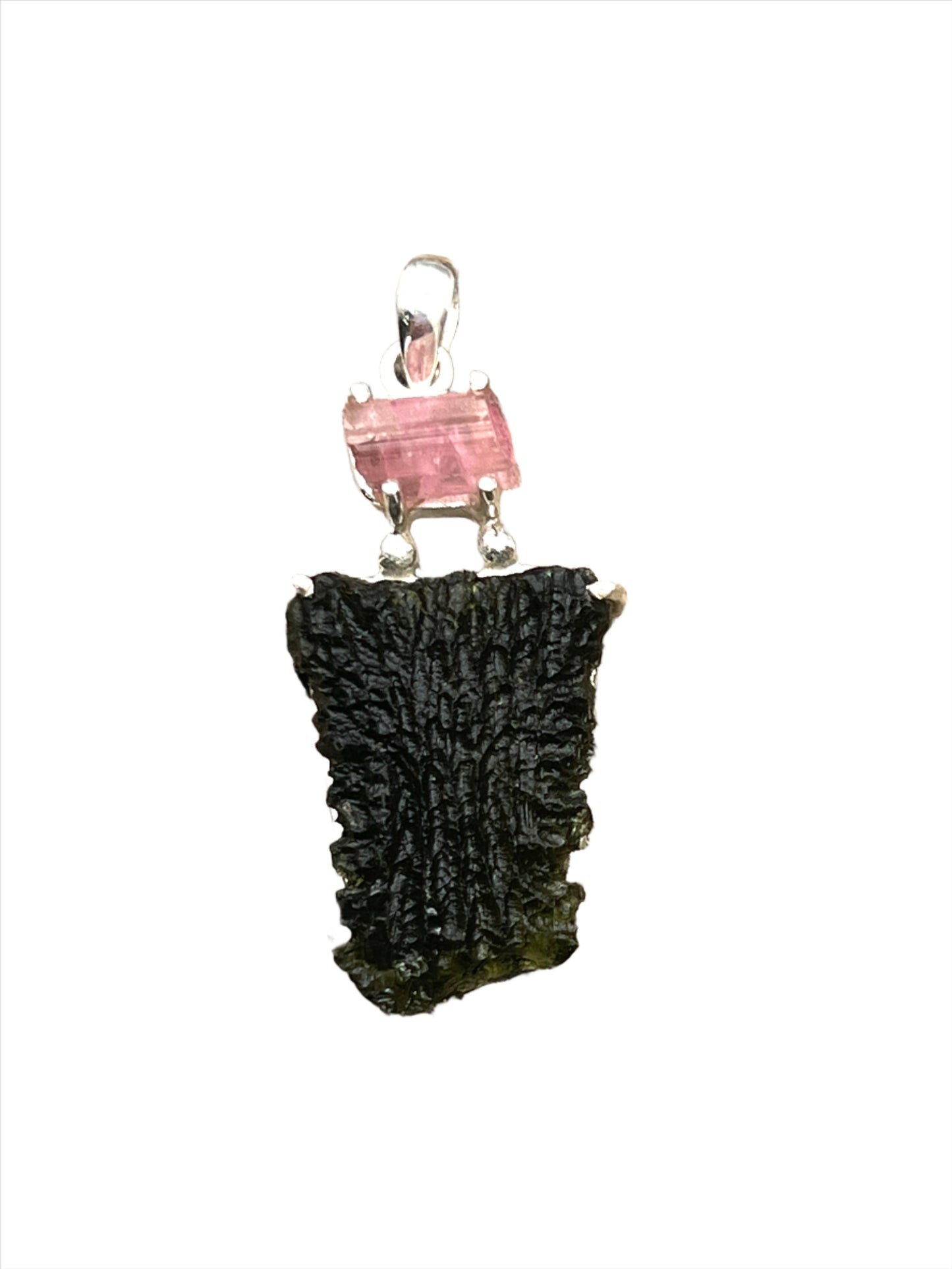 Sterling Silver Raw Moldavite with Pink Tourmaline Pendants