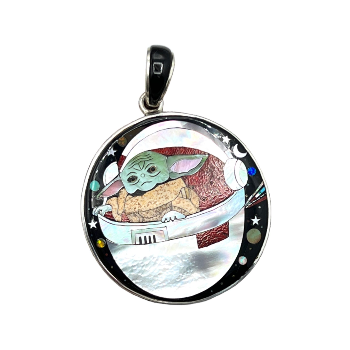Rare Inlaid Gemstone Pod Grogu Pendant by David Freeland