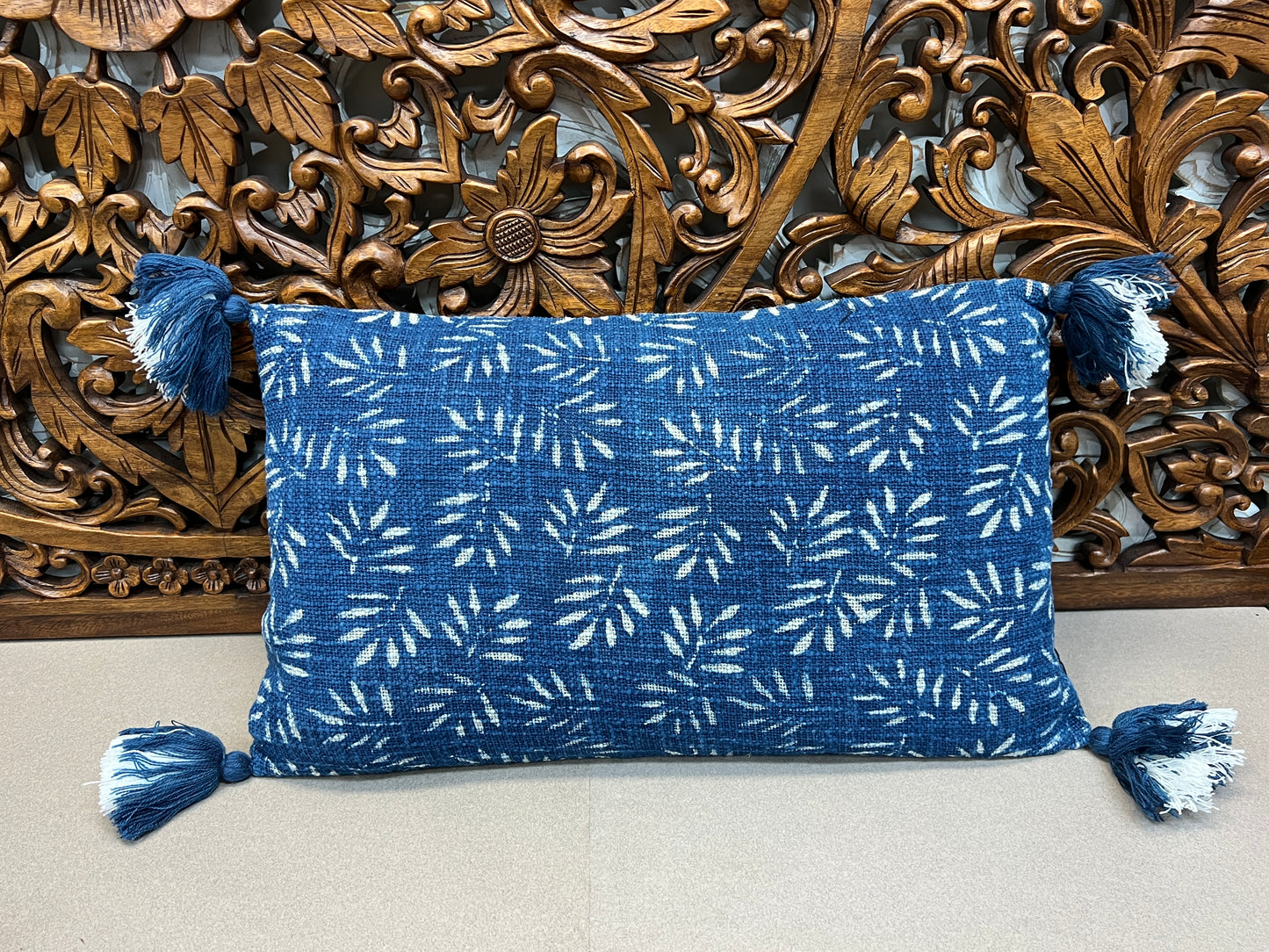 Natural Indigo Block Print Throw Pillows | Rectangle
