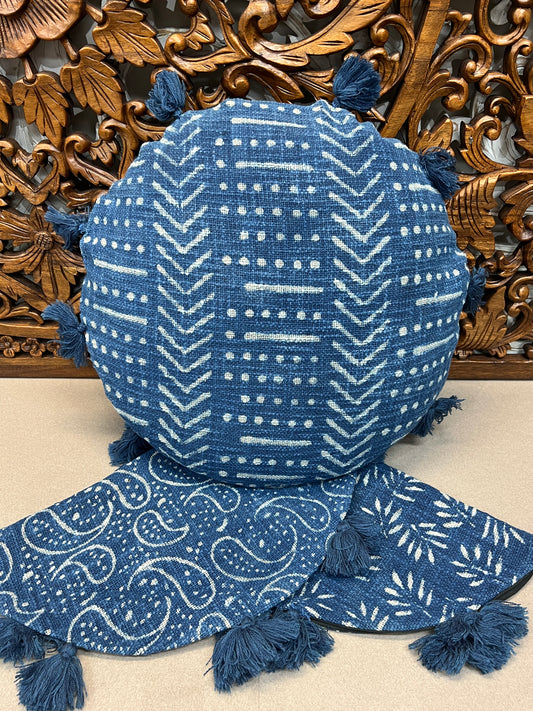 Natural Indigo Block Print Throw Pillows | Round