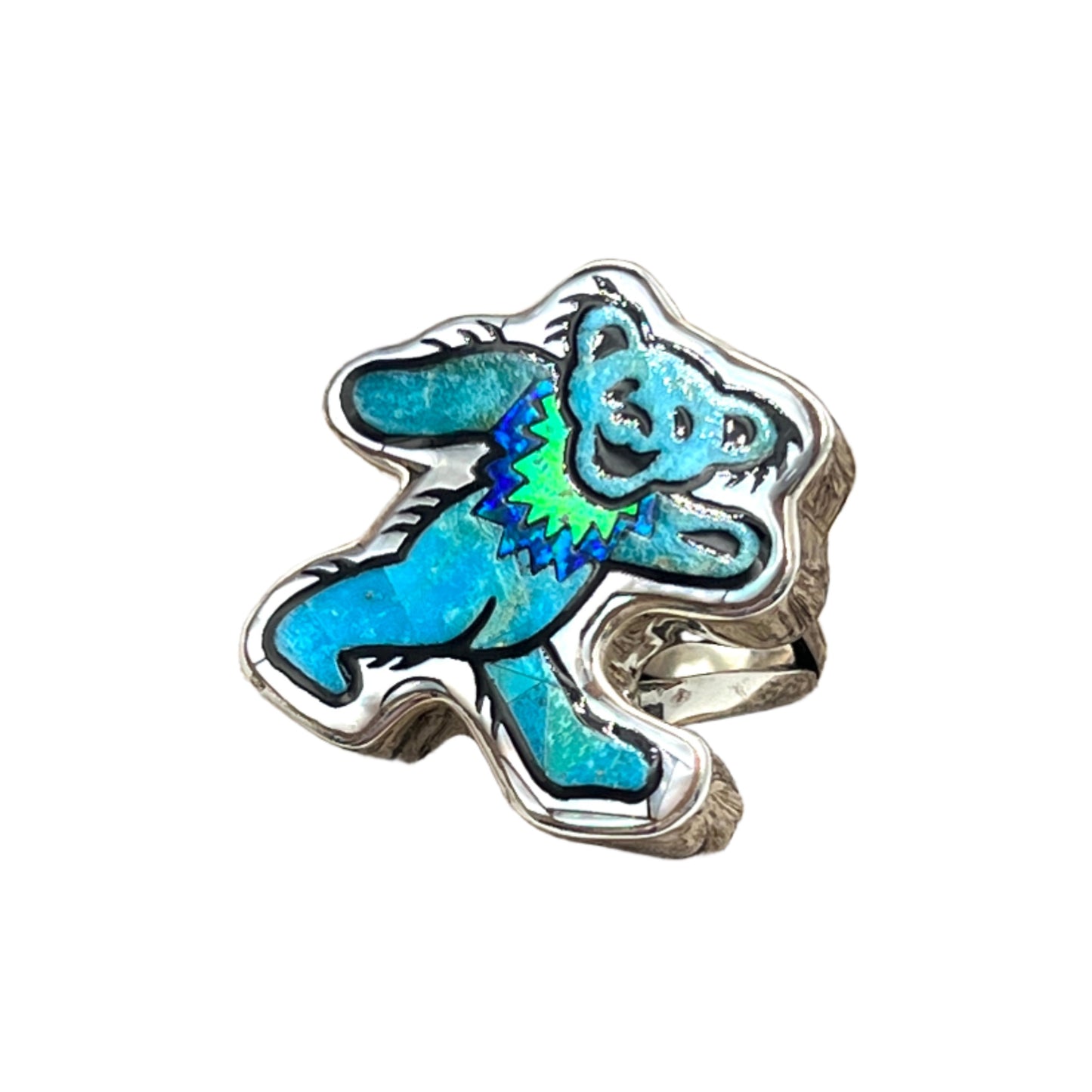 Inlaid Gemstone Grateful Dead Dancing Bear Ring by David Freeland