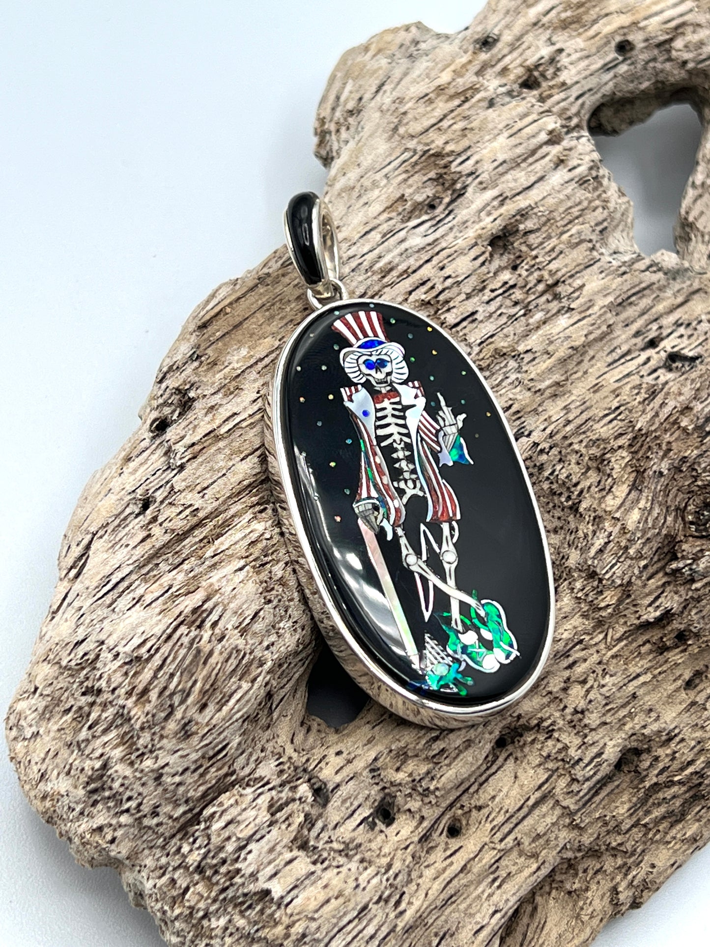 Rare Inlaid Gemstone Skeleton Sam Pendant by David Freeland