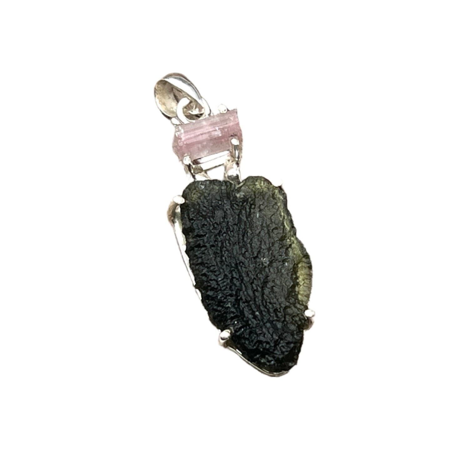 Sterling Silver Raw Moldavite with Pink Tourmaline Pendants