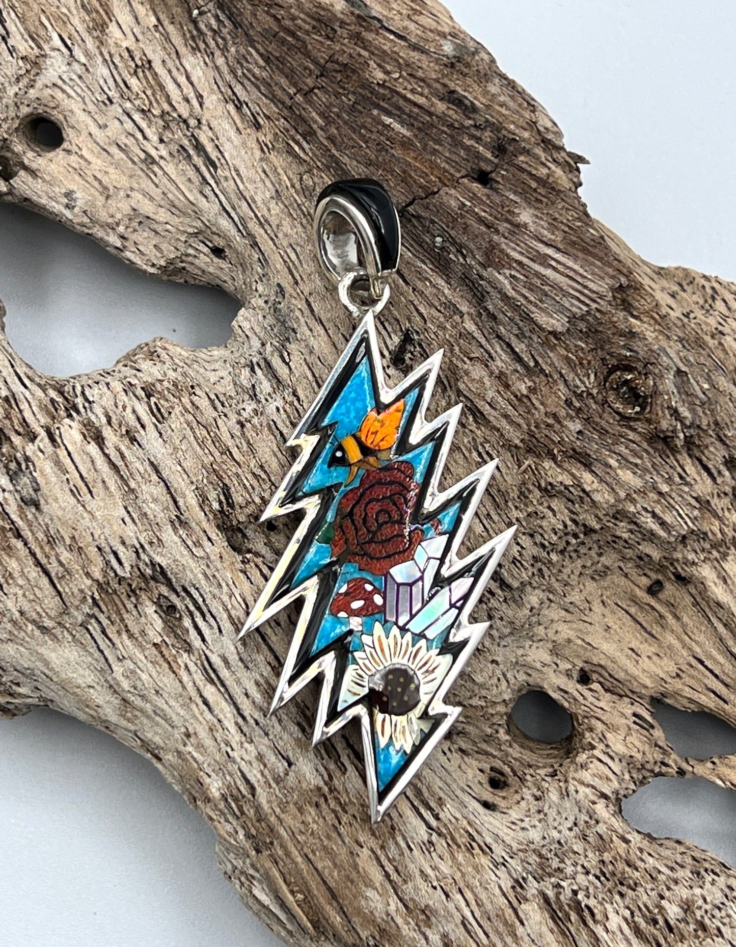 Rare Inlaid Gemstone Bolt Nature Pendant by David Freeland